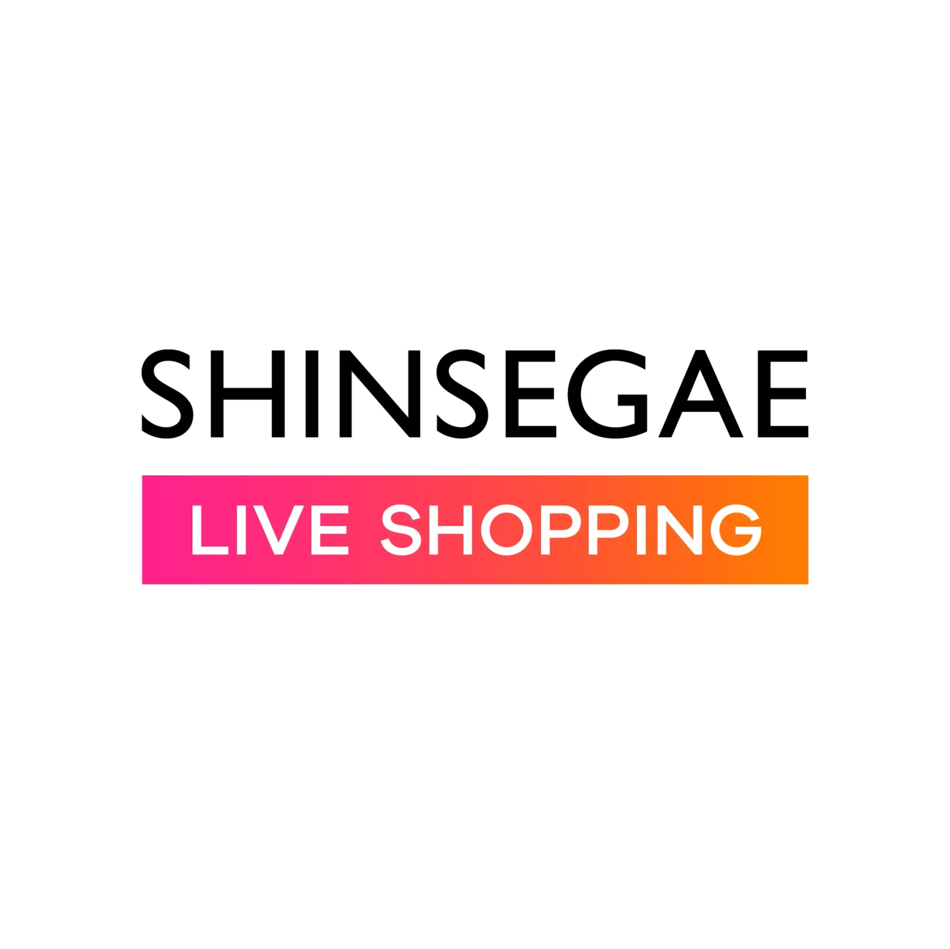 Shinsegae live shopping promotional image with black, pink, and orange text.