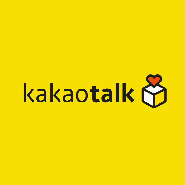 KakaoTalk logo with yellow background, black text, and a small icon of a heart with a box.