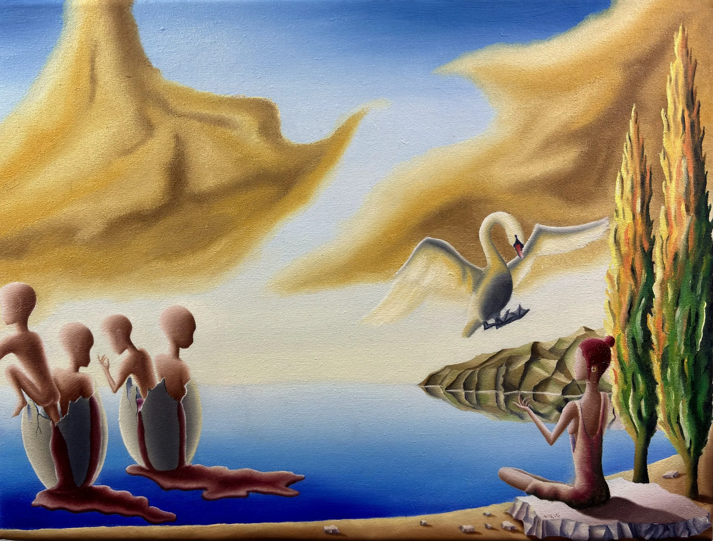 "Leda and the Swan" Oil paint on 24.5x33cm canvas