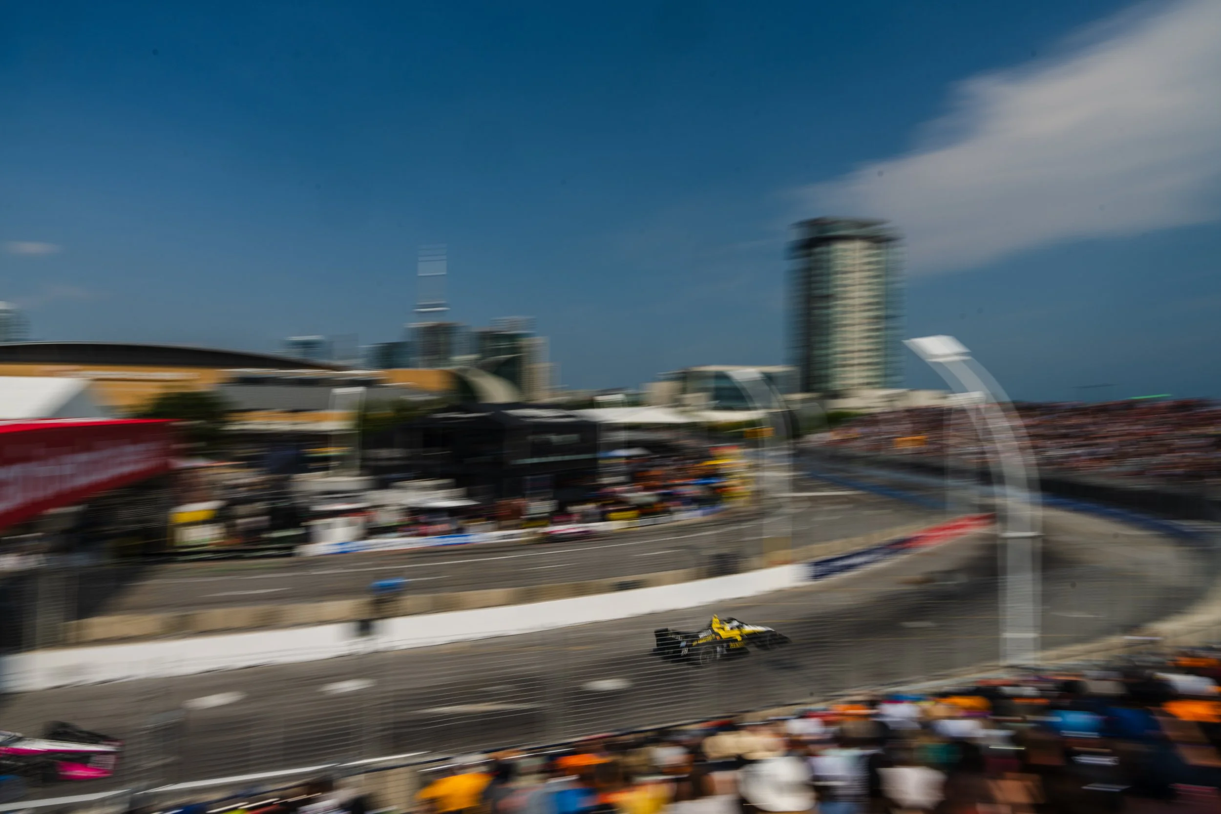 Colten Herta flys through the final corner to take victory in Toronto. Motorsport Photographer