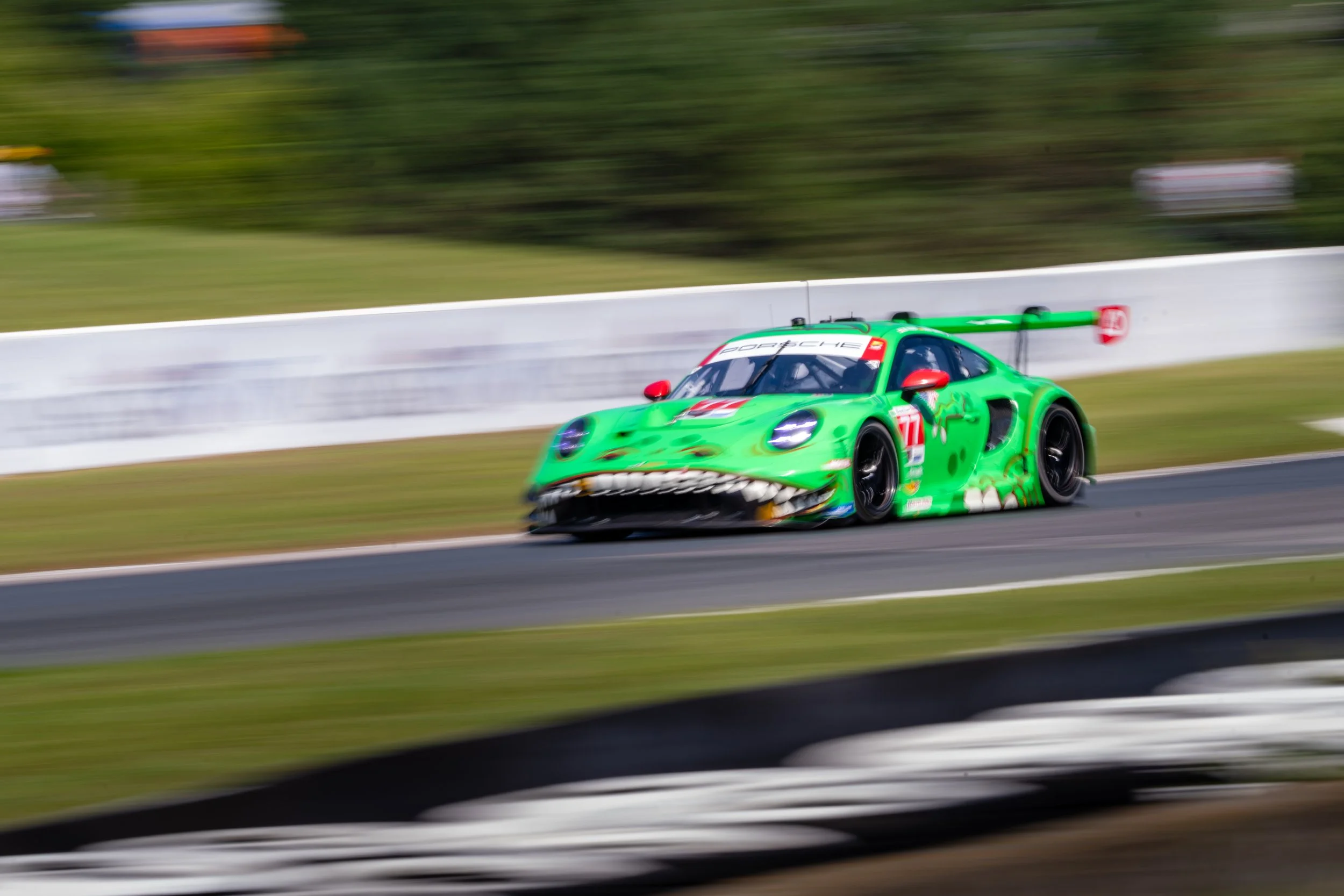 Race car decorated with a design resembling a crocodile, speeding on a race track.