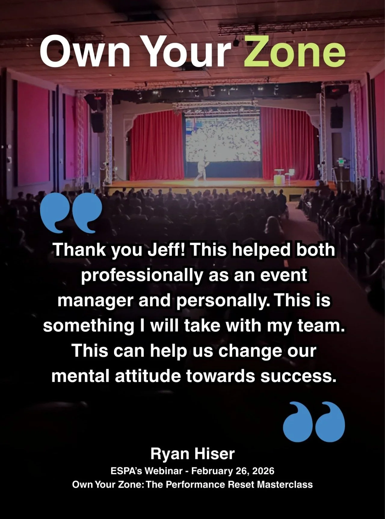 One of the most rewarding parts of this work is hearing when the message lands both professionally and personally.

The goal of the Own Your Zone framework is simple: help leaders and teams reset their mindset, regulate stress, and show up with clari