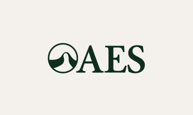 A logo with the text 'AES' and a circular symbol featuring a wave pattern.