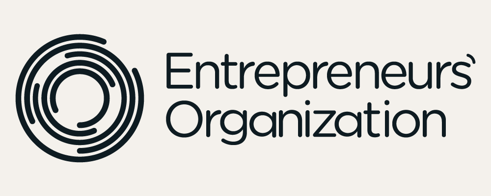 Logo of Entrepreneurs Organization featuring a black circular icon with maze-like lines and the text 'Entrepreneurs Organization' in black.