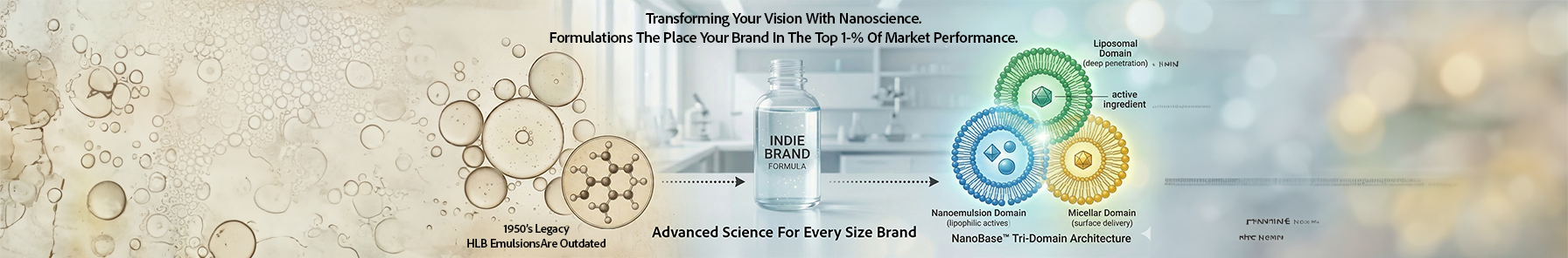 A scientific infographic about nanoscience in skincare. It features a background with oil bubbles, a bottle labeled 'Indie Brand Formula,' and diagrams of nanoscience domains like liposomal, nanoemulsion, and micellar, illustrating advanced science for branding.