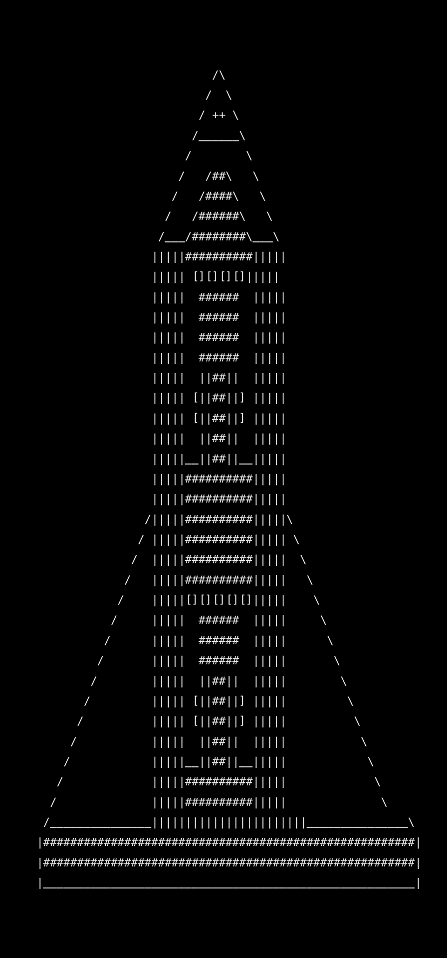 ASCII art of a Christmas tree decorated with stars, squares, and other symbols on a black background.