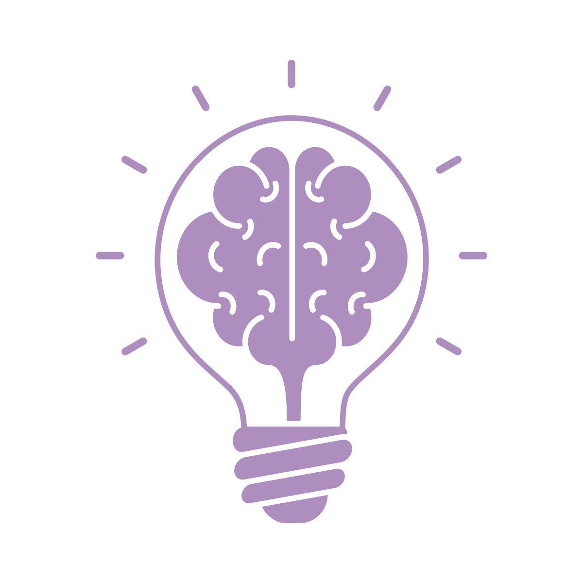 Illustratie van een gloeilamp met een hersengezicht in het midden en stralen eromheen.