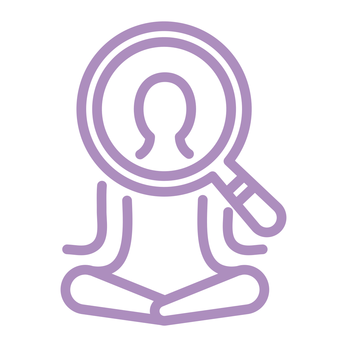 Illustratie van een persoon die in een meditatiepositie zit, met een vergrootglas dat naar een centrale stip wijst.