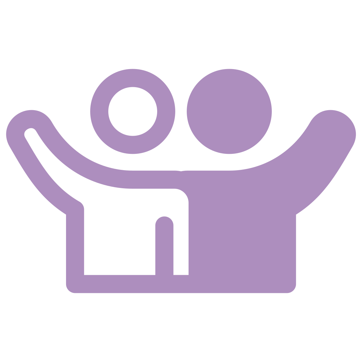 Een minimalistische, gestileerde afbeelding van twee mensen die in een halfronde vorm met uitgestrekte armen staan.