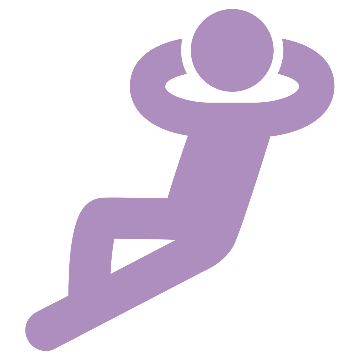 Een eenvoudige illustratie van een persoon in paars met een hoed, zittend of leunend op een diagonale stok of voorwerp.