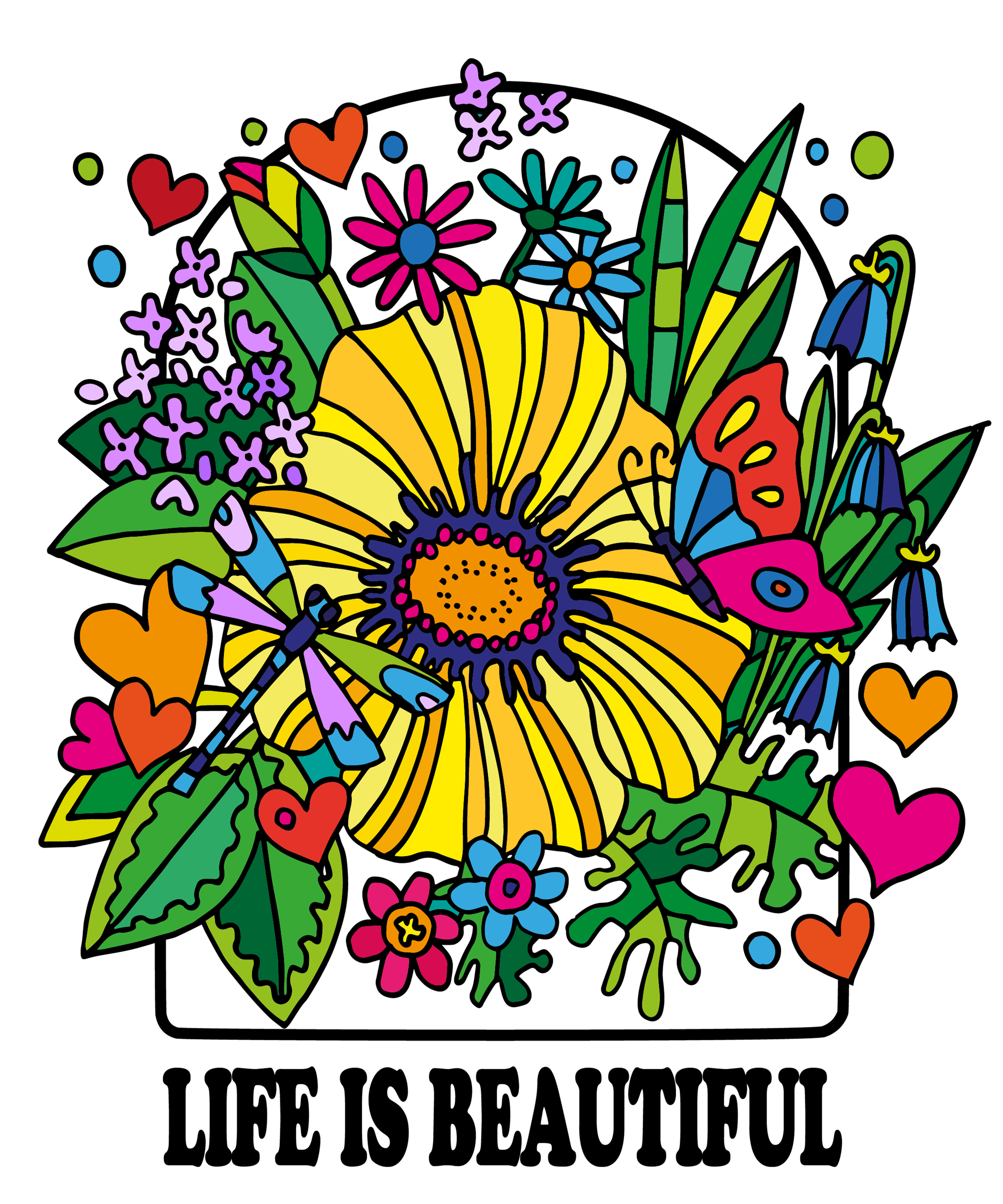 Bunte, handgezeichnete Blumen, Herzen und Schmetterlinge auf schwarzem Hintergrund mit schwarzen Linien, 70er Jahre retro.