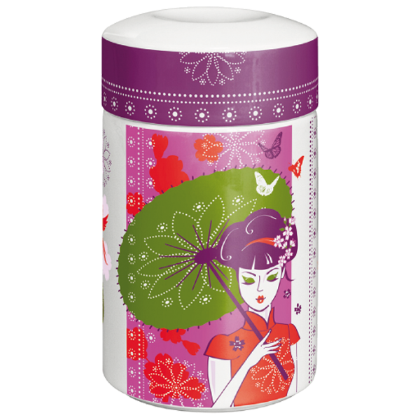 Dose mit buntem, verspieltem asiatisch inspiriertem Design, darunter eine Illustration einer einer modernen Geisha mit Seidenschirm, umgeben von Blumen, Schmetterlingen und Tieren auf lila, pink und orange Hintergrund.
