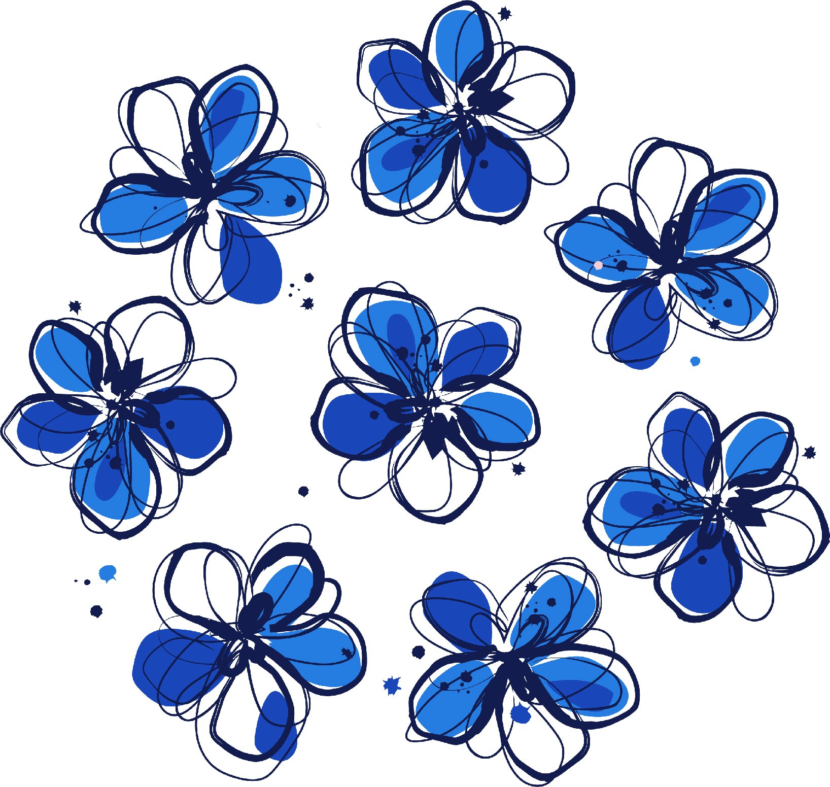 circle of blue vector flowers with the look of ink drawing