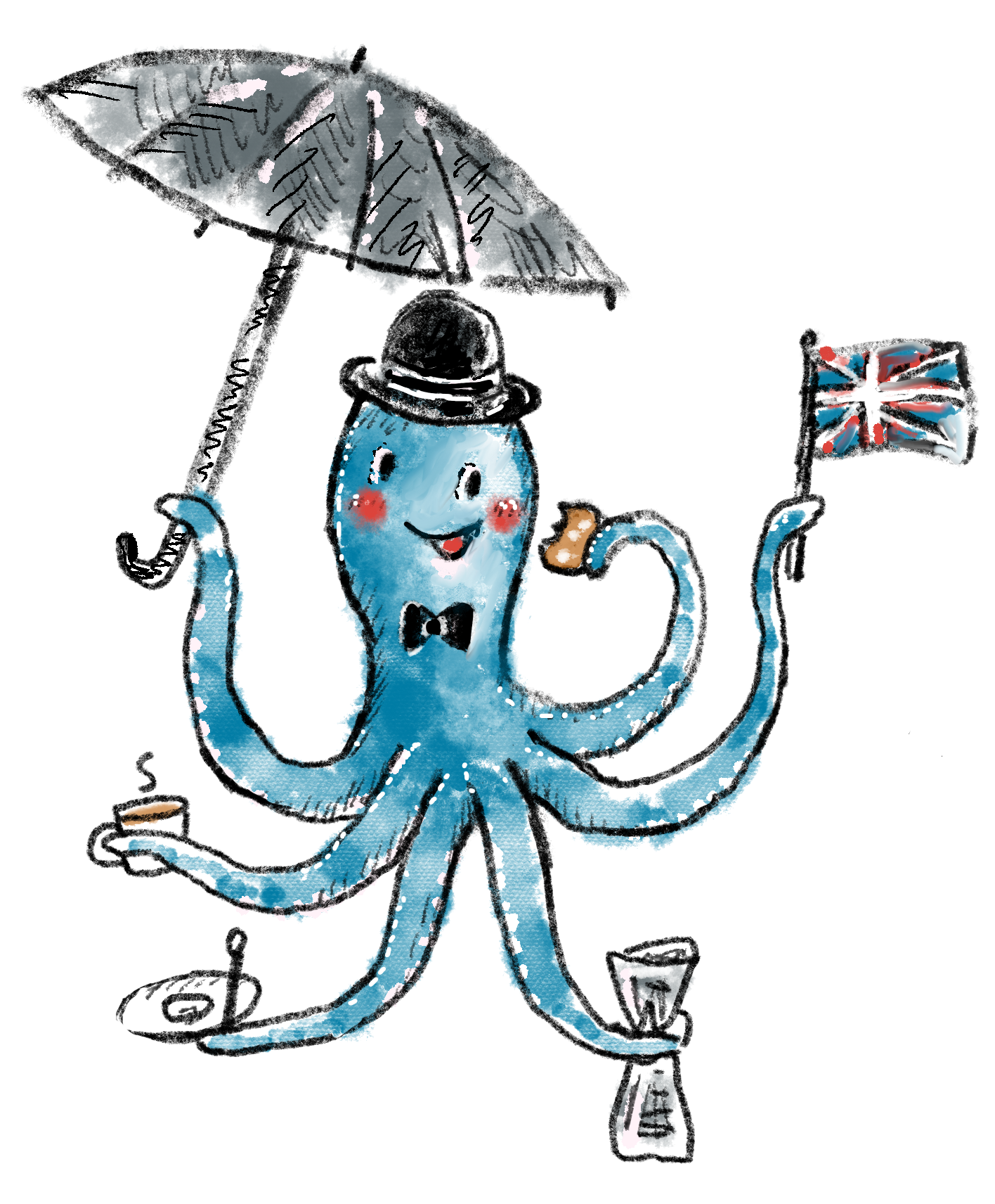British Octopus with tea, bowler hat and newspaper