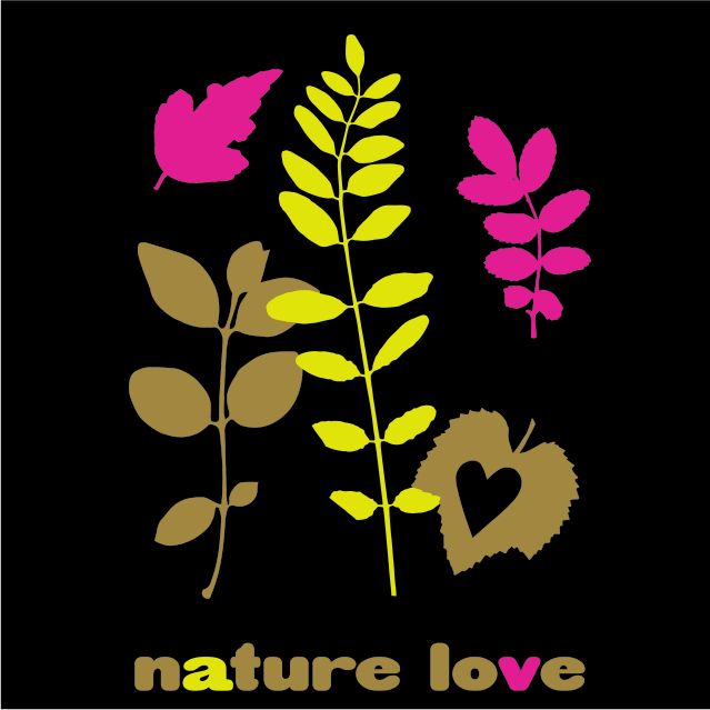 retro three leafs different greens and pink nature love