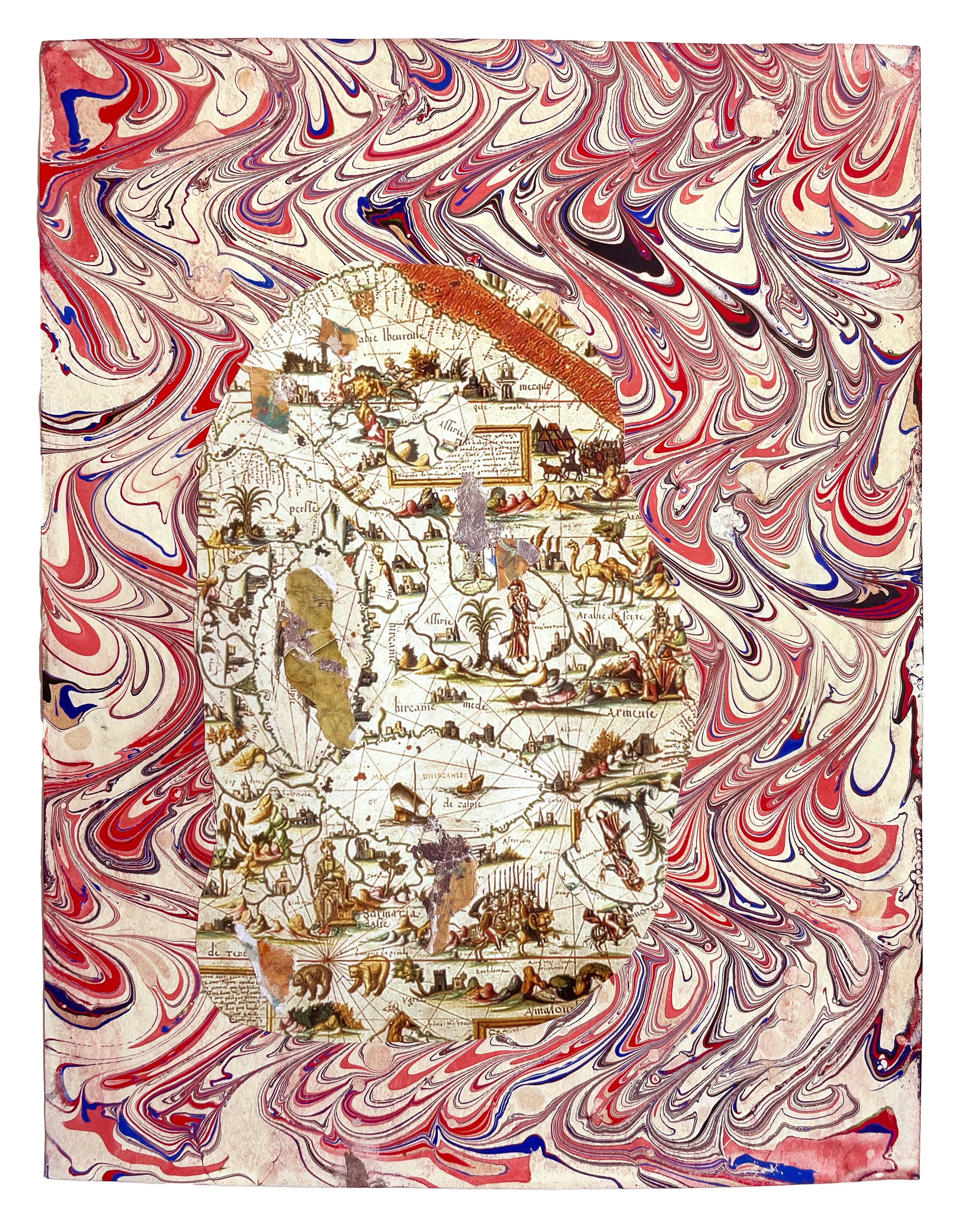 Faithful Compass #118: Map of the World, 1550, 2025. Watercolor, antique map, and metal leaf on artist-made marbled paper. 11 x 8.5 in. 