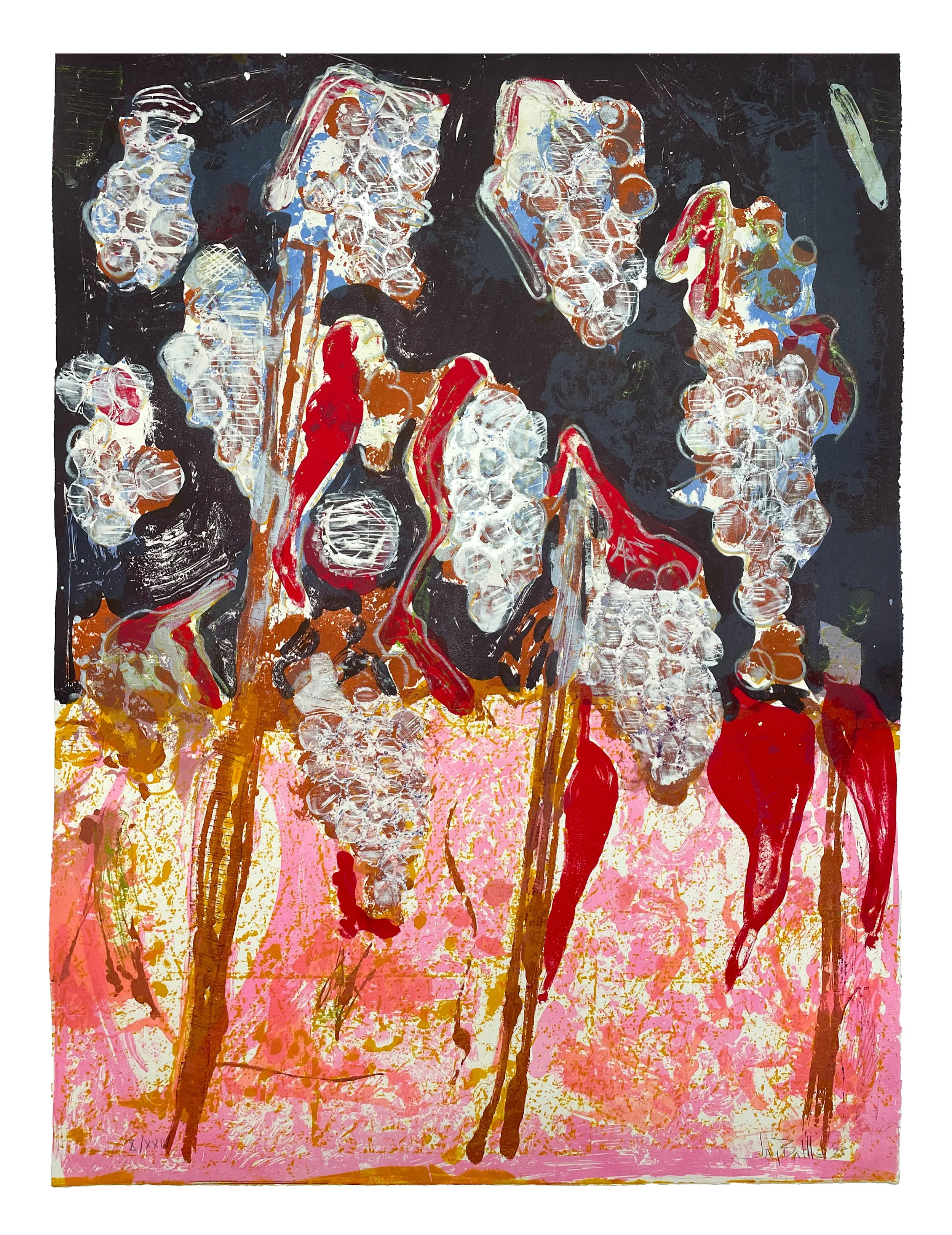 Les Vendanges, 2025. Lithography, woodcut, monoprint, and hand-coloring. Edition of 24