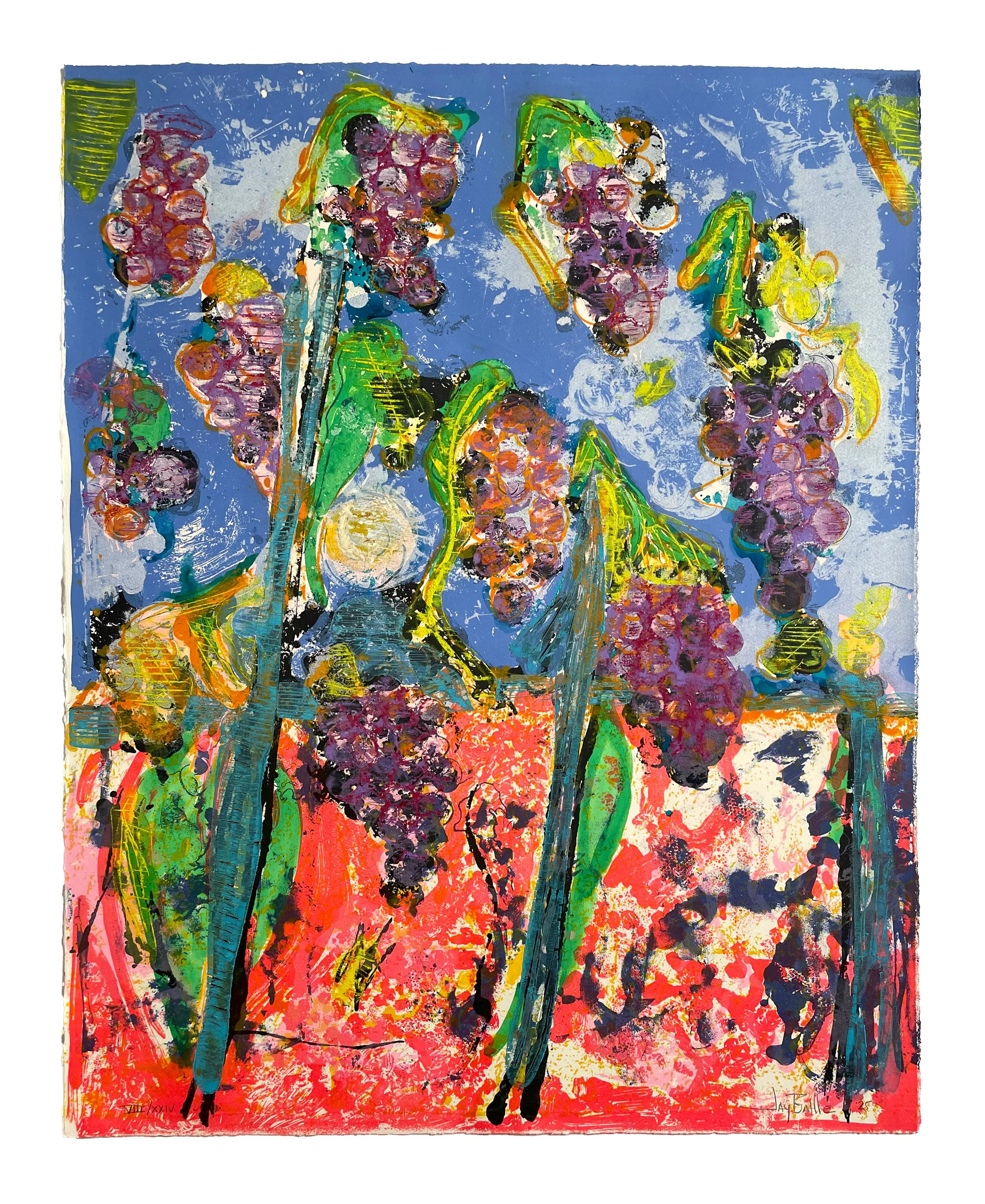 Les Vendanges, 2025. Lithography, woodcut, monoprint, and hand-coloring. Edition of 24