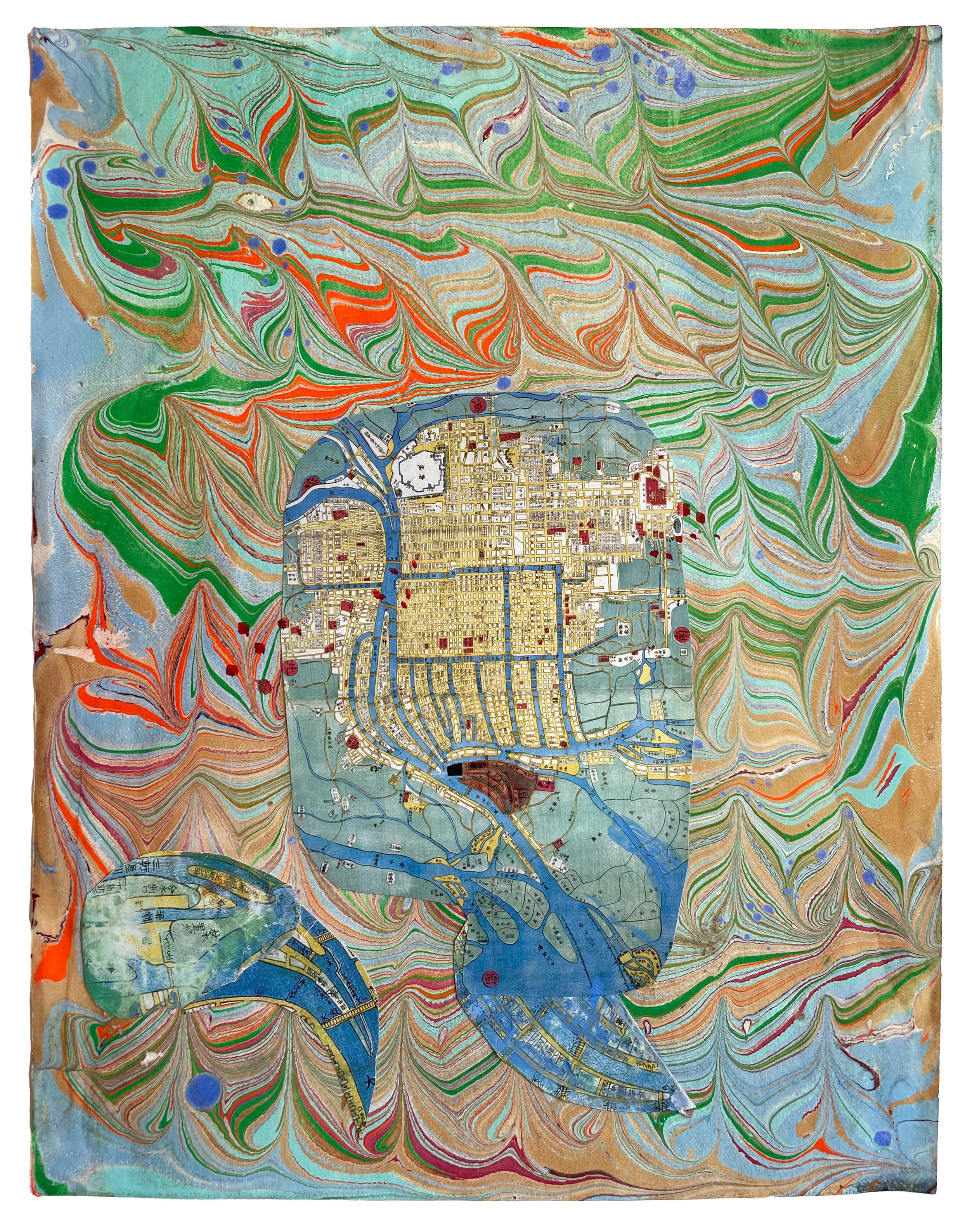 Faithful Compass #22: Osaka, 1867, 2020. Watercolor, antique map, and metal leaf on artist-made marbled paper. 11 x 8.5 in. 