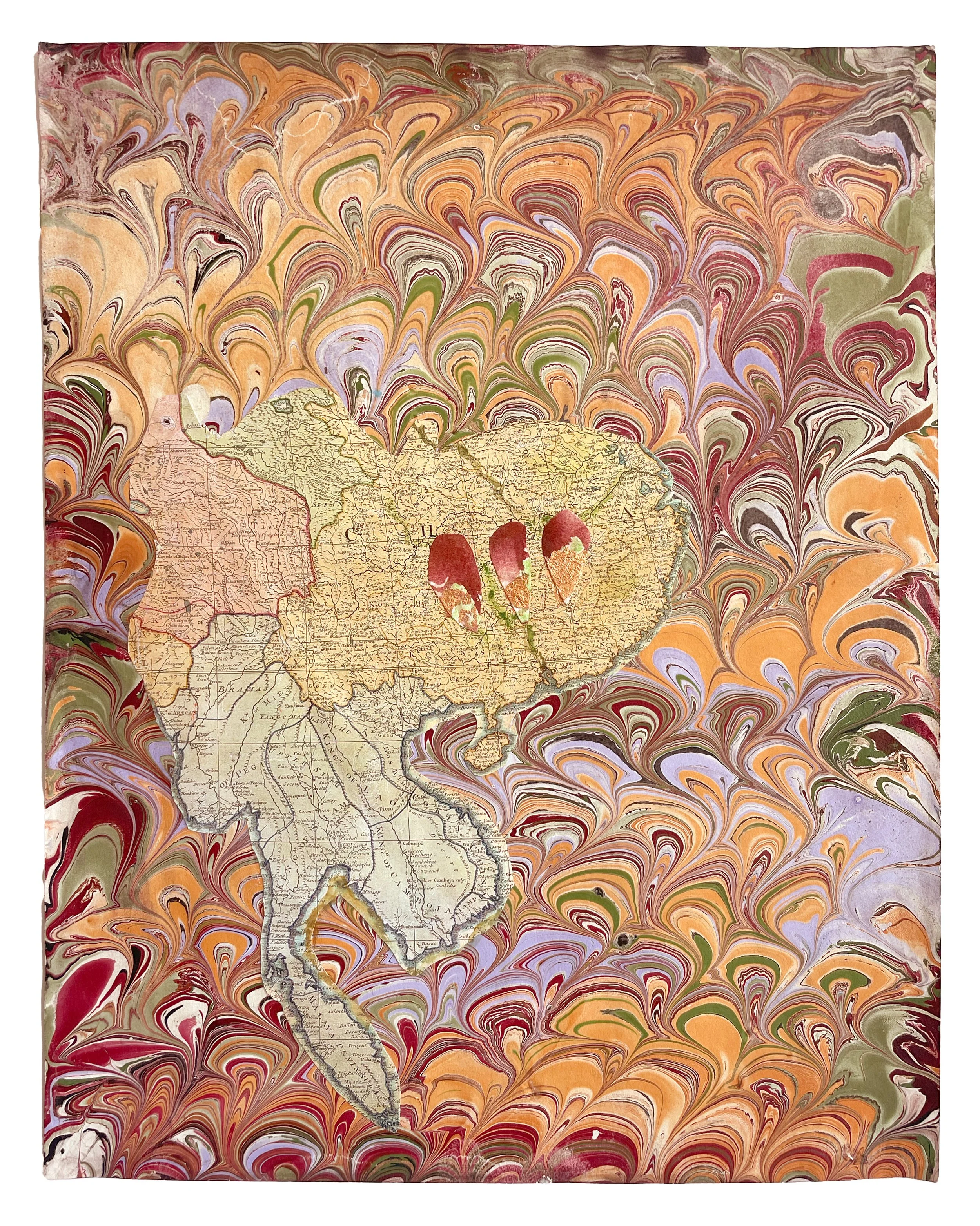 Faithful Compass #36: China, 1787, 2020. Watercolor, antique map, and metal leaf on artist-made marbled paper. 11 x 8.5 in. 