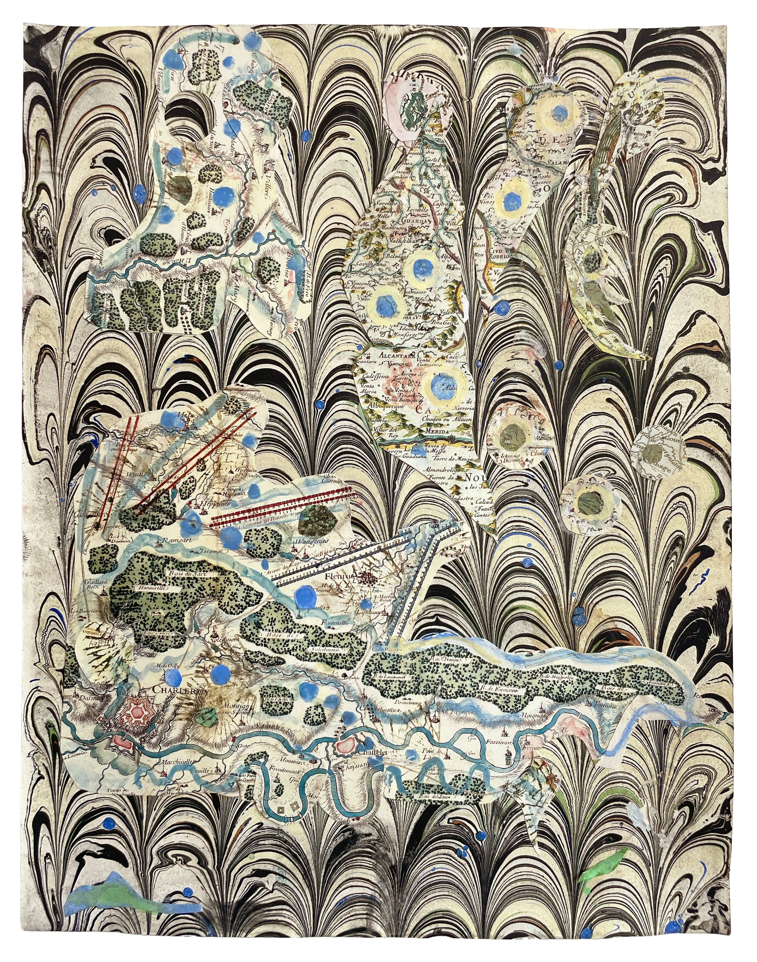 Faithful Compass #136: Battle of Fleurus, 1690, 2026. Watercolor and antique map on artist-made marbled paper. 11 x 8.5 in. 