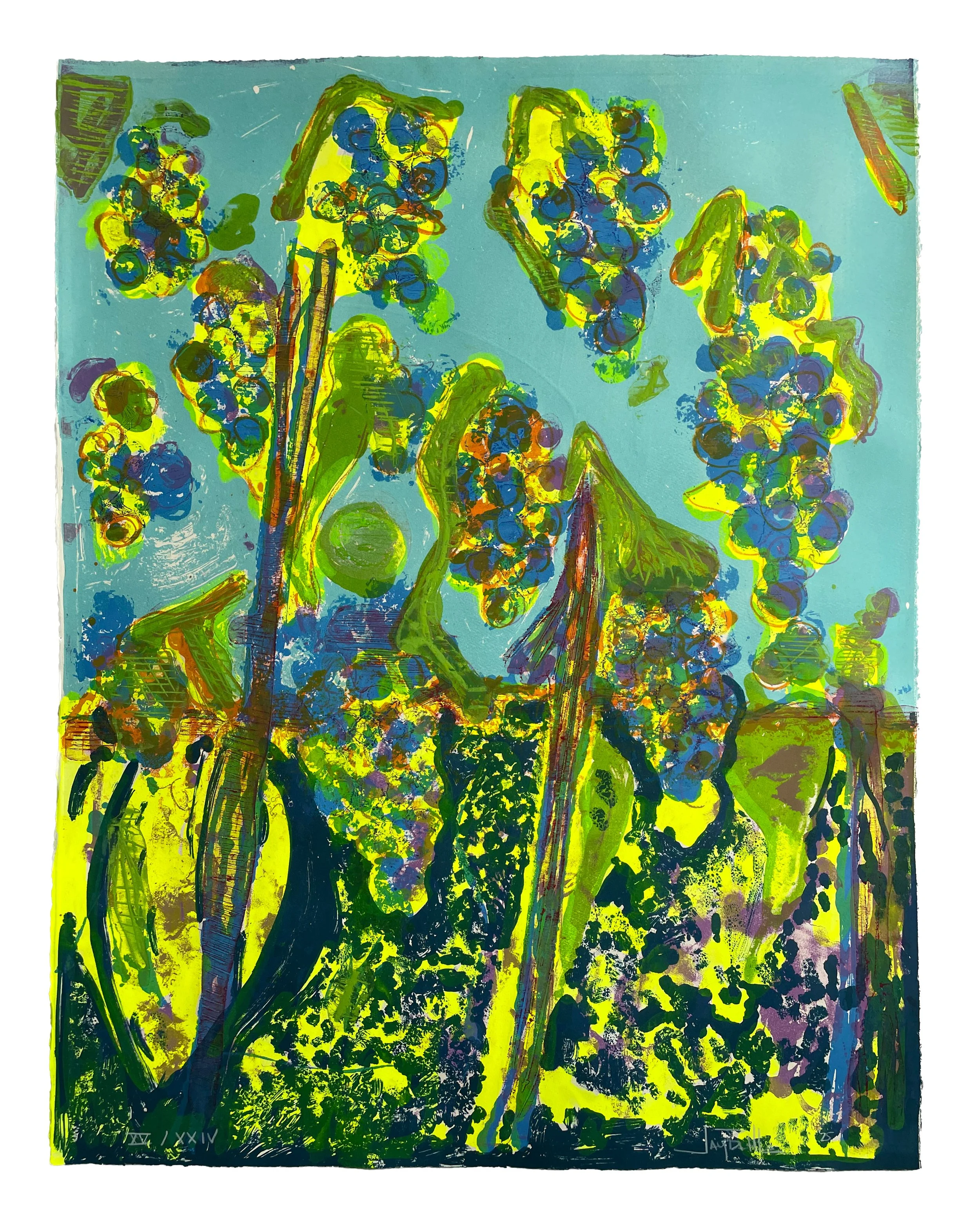 Les Vendanges, 2025. Lithography, woodcut, monoprint, and hand-coloring. Edition of 24