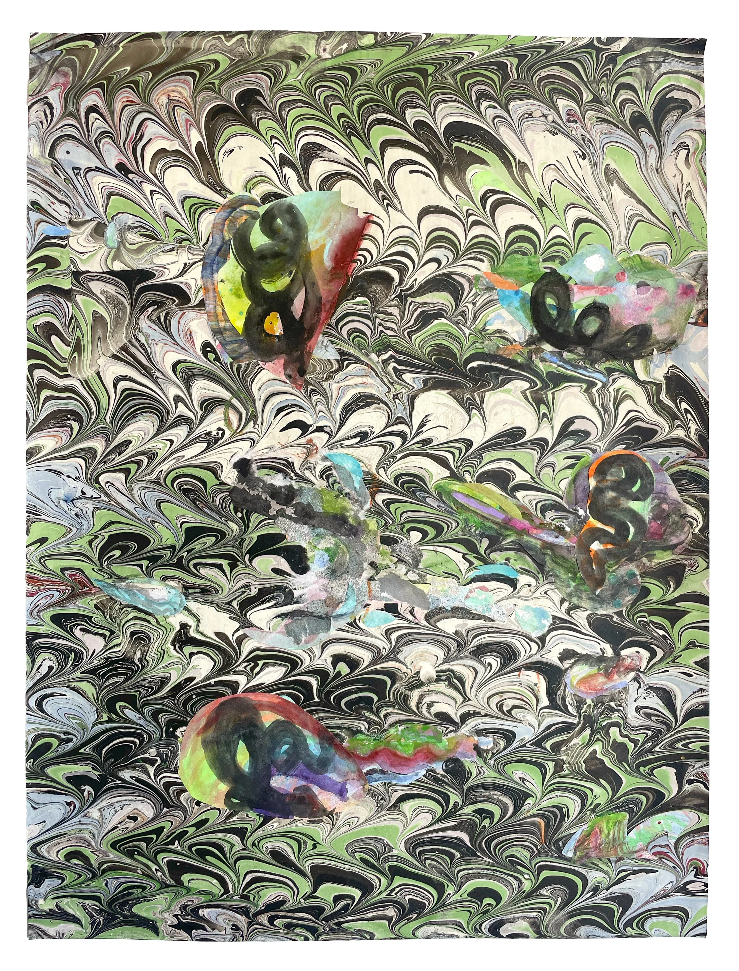 Faithful Compass #97, 2023. Watercolor and metal leaf on artist-made marbled paper. 24 x 18 in. 