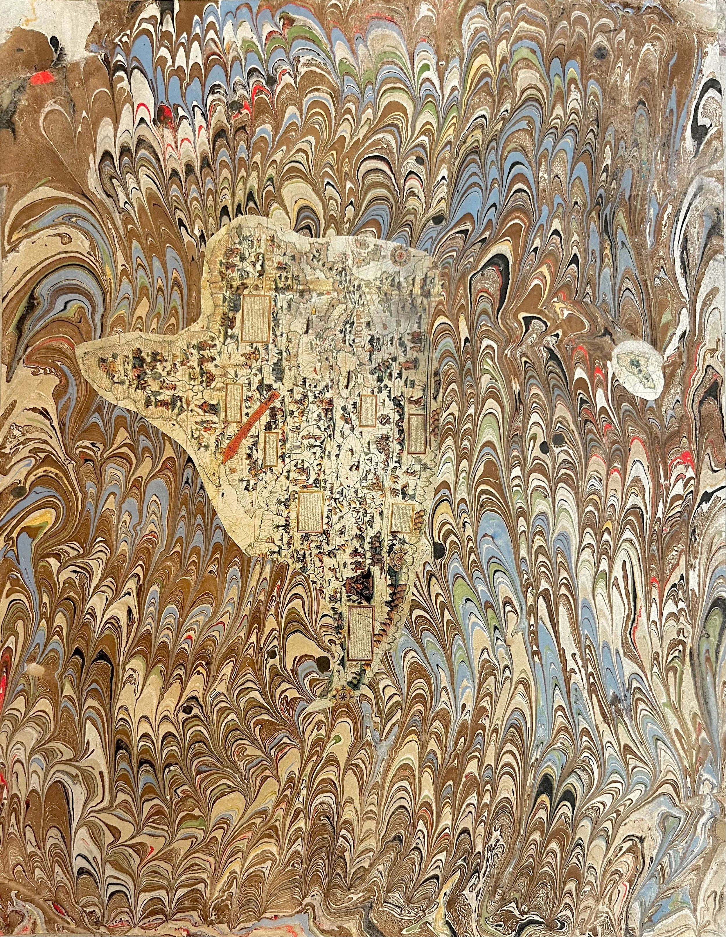 Faithful Compass #94: World Map, 1550, 2023. Watercolor and antique map on artist-made marbled paper. 11 x 8.5 in.
