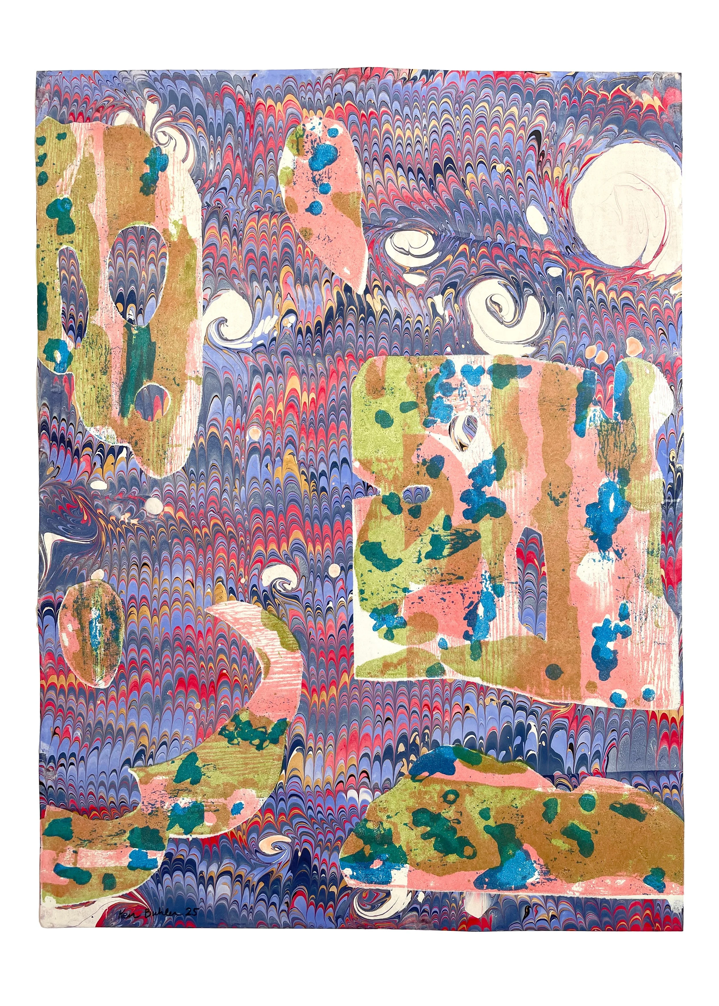 Compass VI, 2025. Lithograph on artist-made marbled paper. 24 x 17.75 in. Edition 6/18