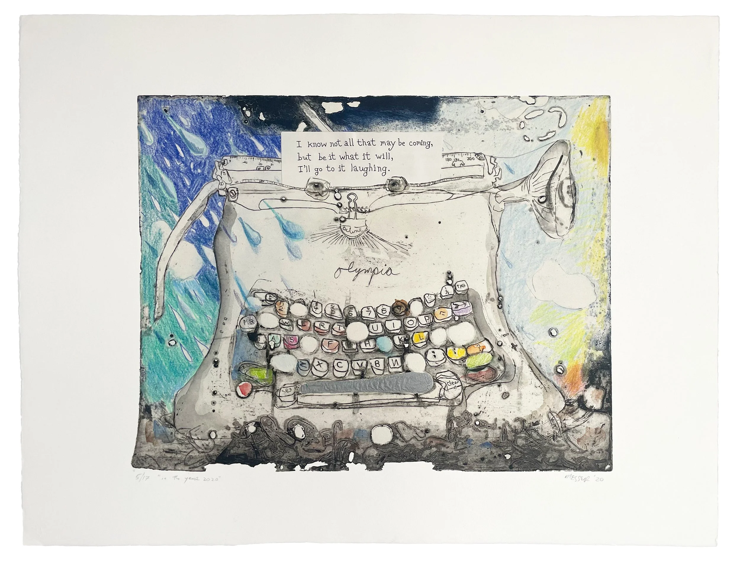 In the Year 2020 V, 2020. Etching with monoprint, hand coloring, and collage on Hahnemuhle. Paper Size: 22 x 29 in. Image Size: 15.5 x 20 in. Variable edition of 17. NFS