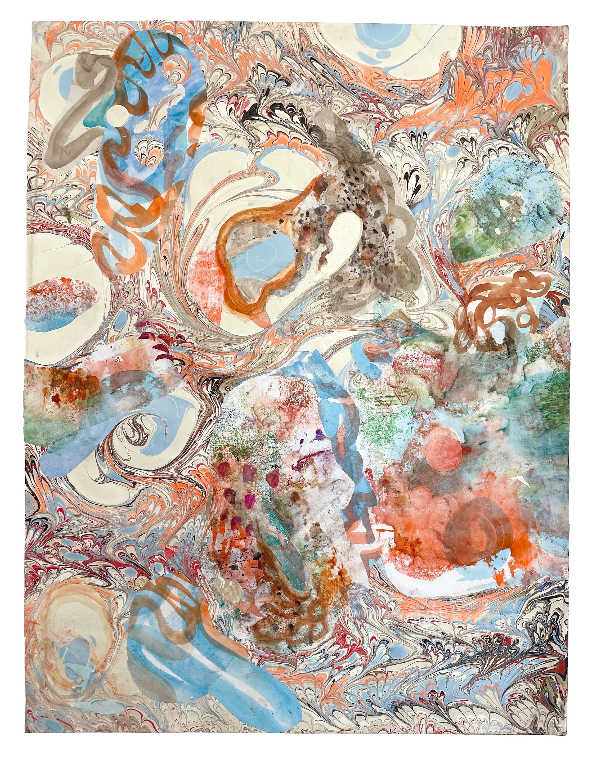 Faithful Compass #93, 2023. Watercolor and metal leaf on artist-made marbled paper. 24 x 18 in. 