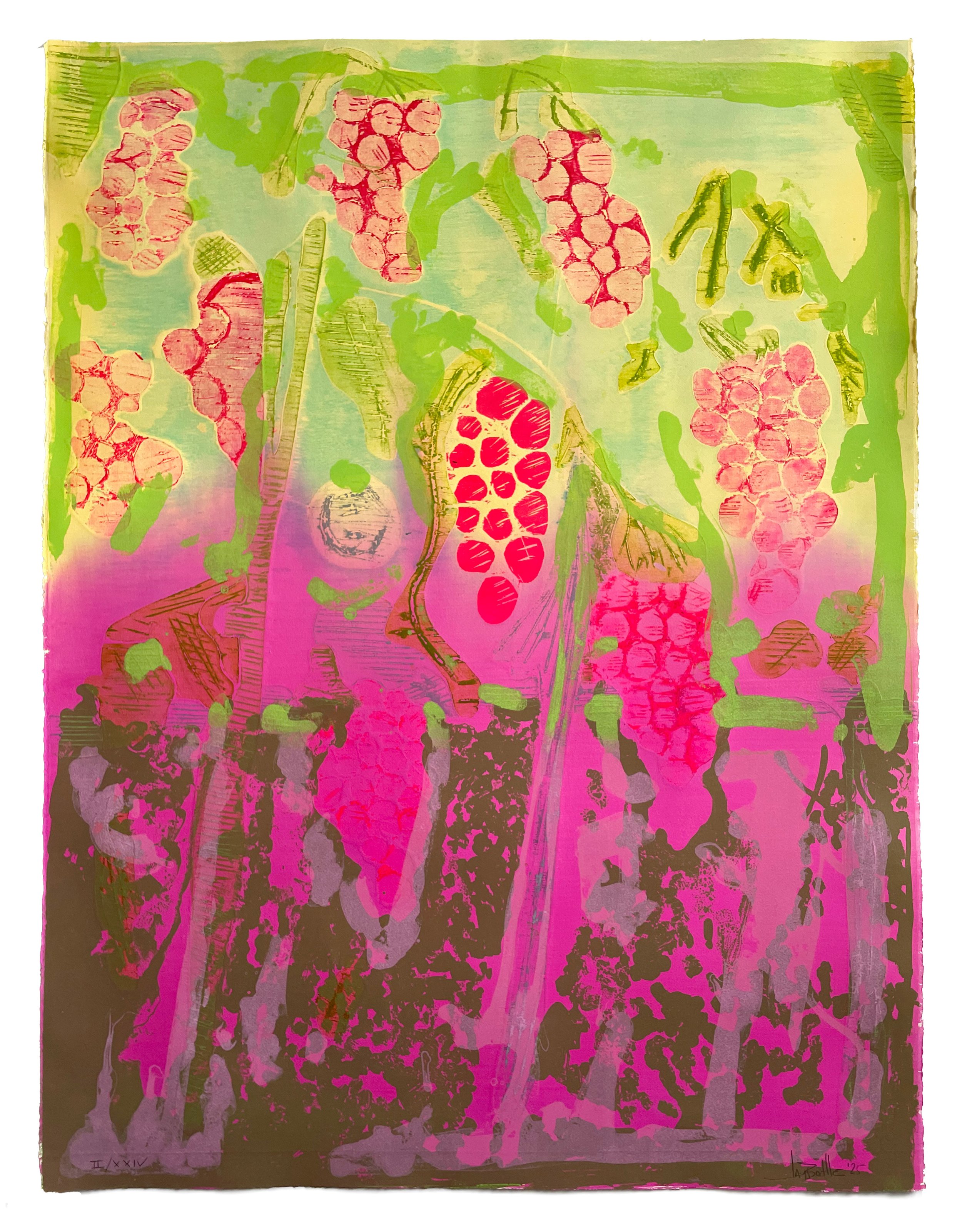 Les Vendanges, 2025. Lithography, woodcut, monoprint, and hand-coloring. Edition of 24
