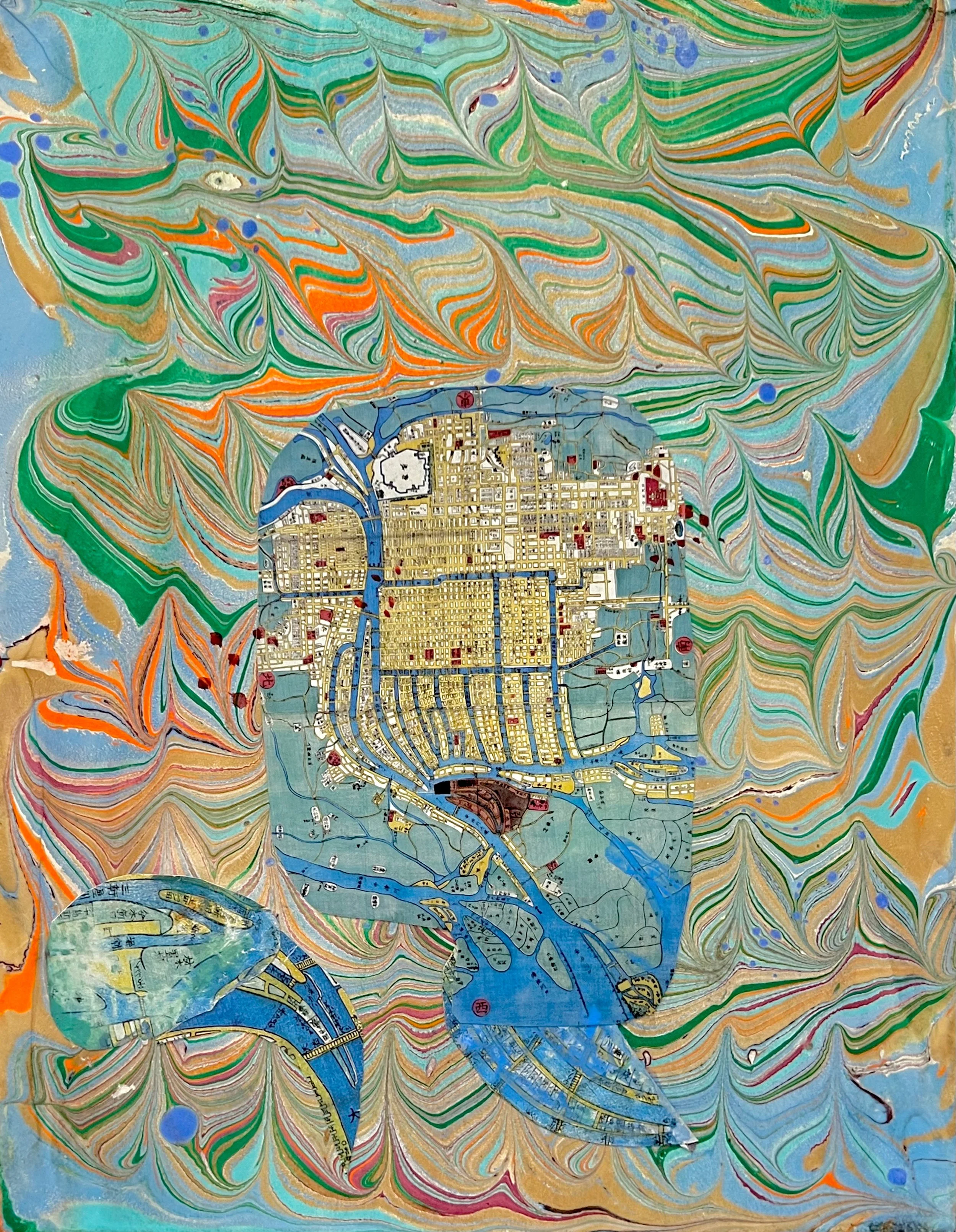 Faithful Compass #22: OSAKA, 1867, 2020. Watercolor and antique map on artist-made marbled paper. 11 x 8.5 in.
