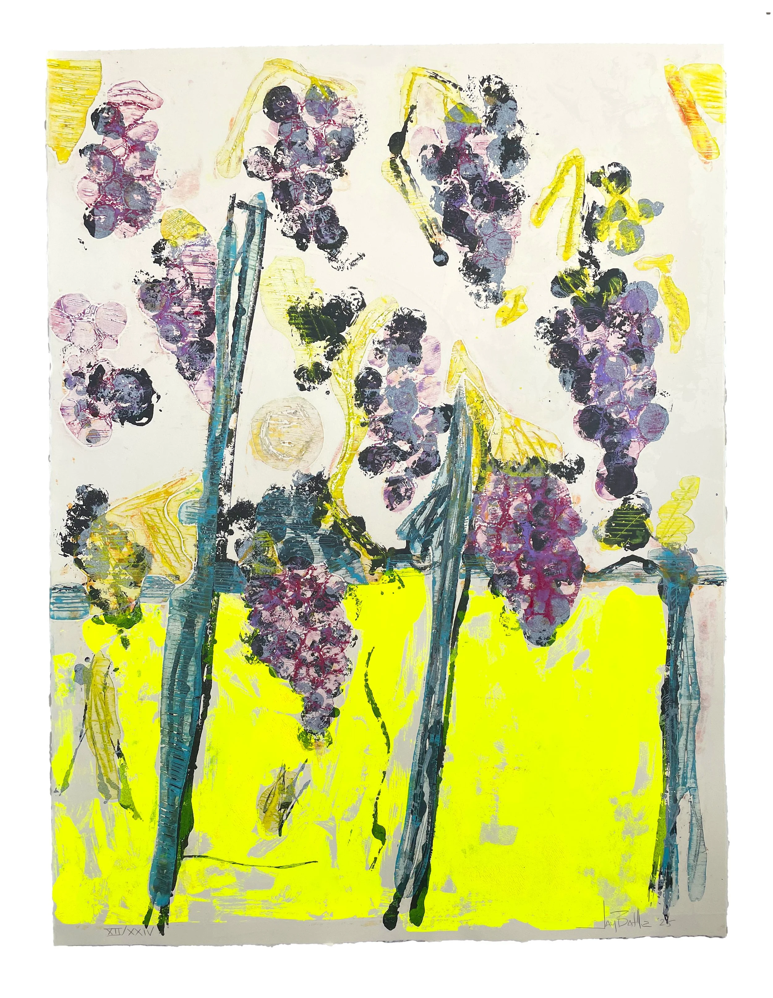 Les Vendanges XII, 2025. Lithography, woodcut, monoprint, and hand-coloring. 39.5 x 30 in. (bleed) Variable edition of 24