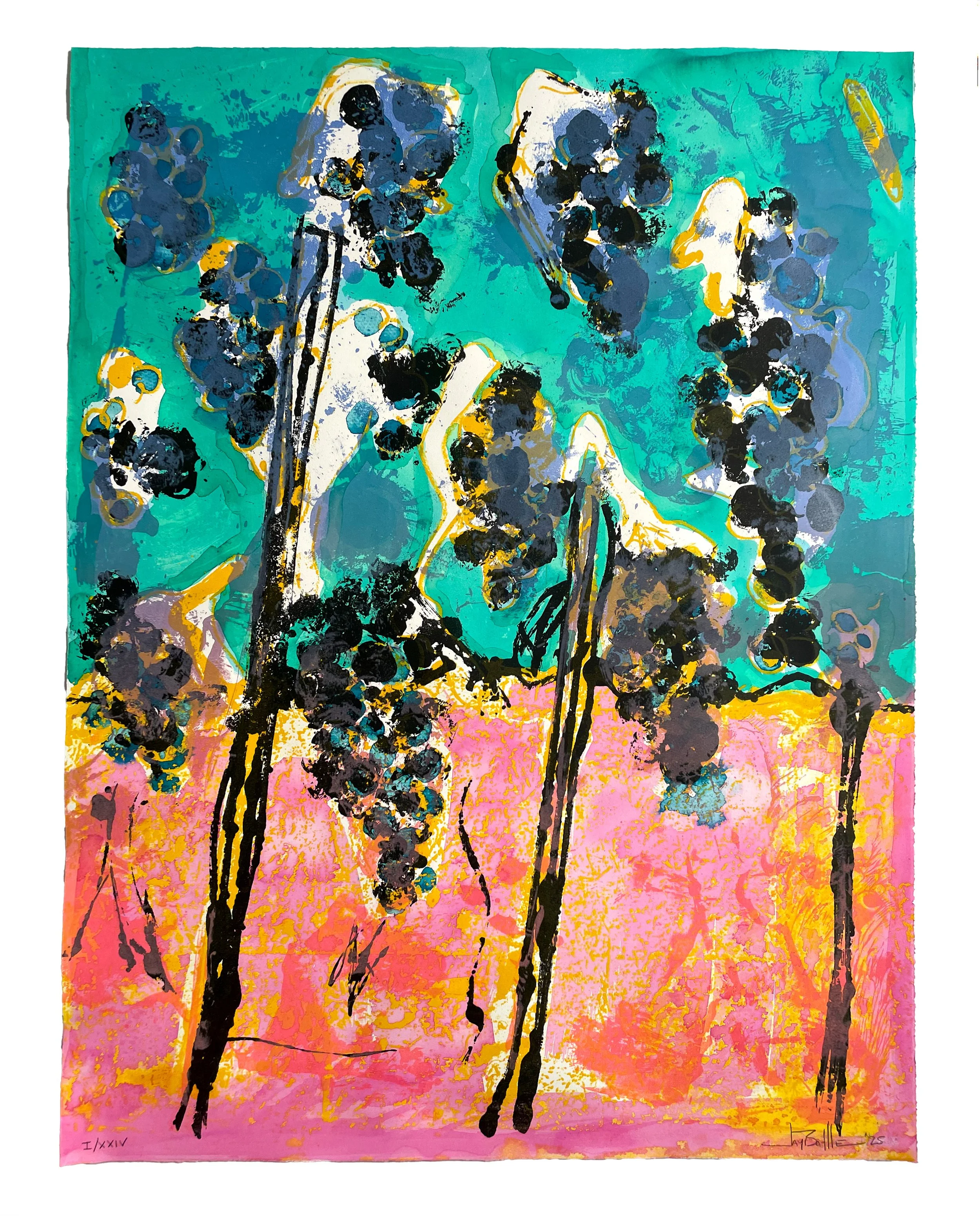 Les Vendanges, 2025. Lithography, woodcut, monoprint, and hand-coloring. Edition of 24
