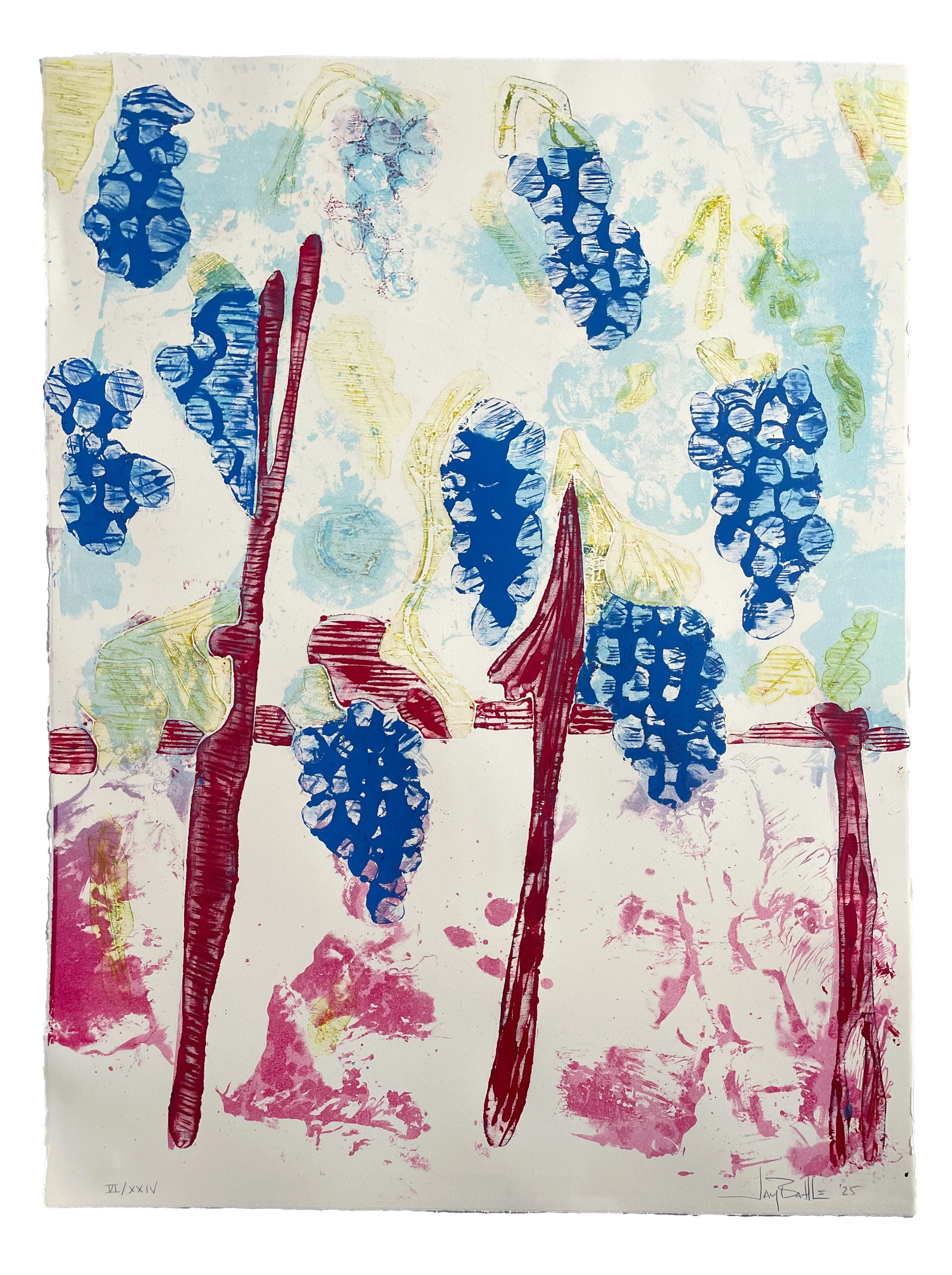 Les Vendanges, 2025. Lithography, woodcut, monoprint, and hand-coloring. Edition of 24
