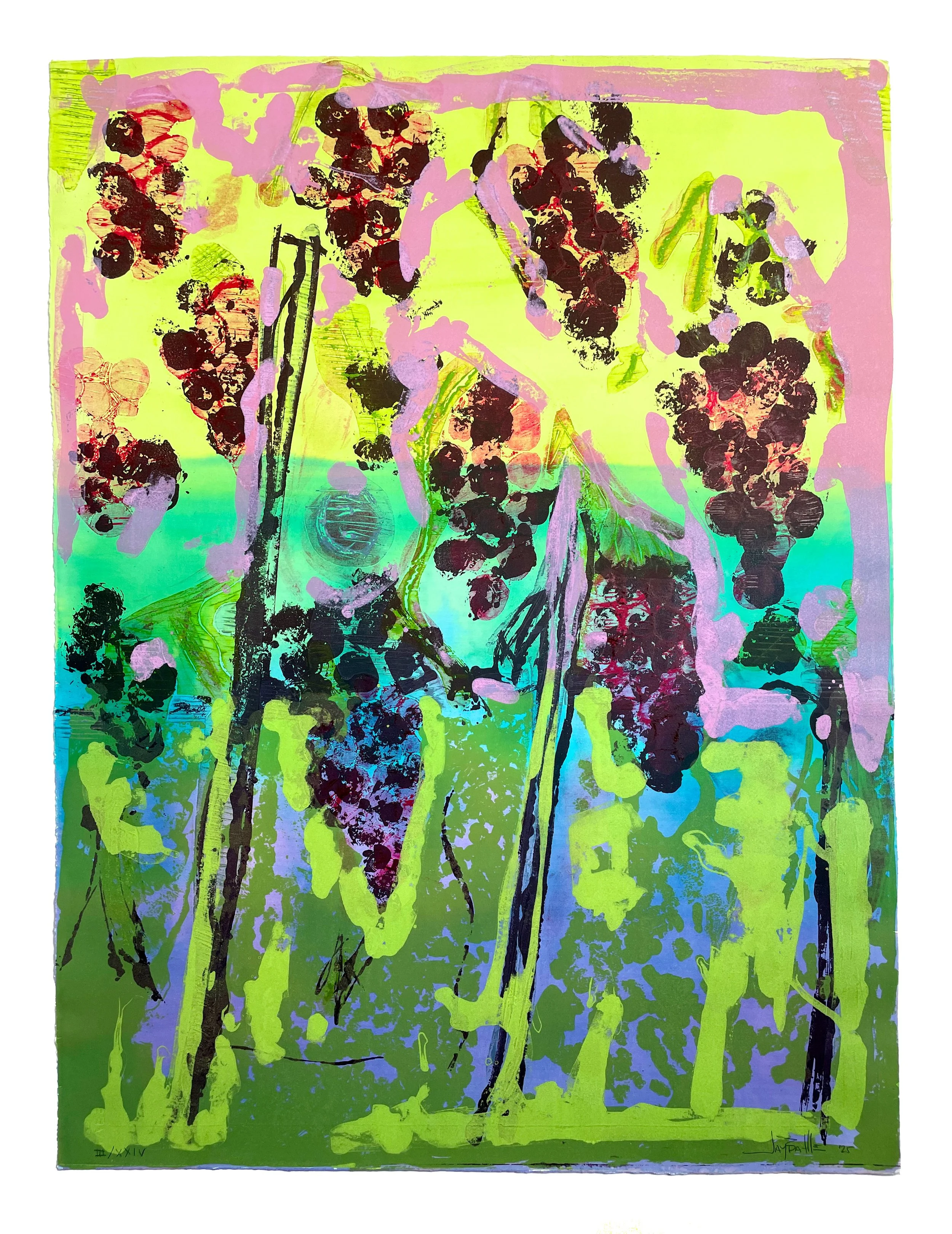 Les Vendanges III, 2025. Lithography, woodcut, monoprint, and hand-coloring. 39.5 x 30 in. (bleed) Variable edition of 24