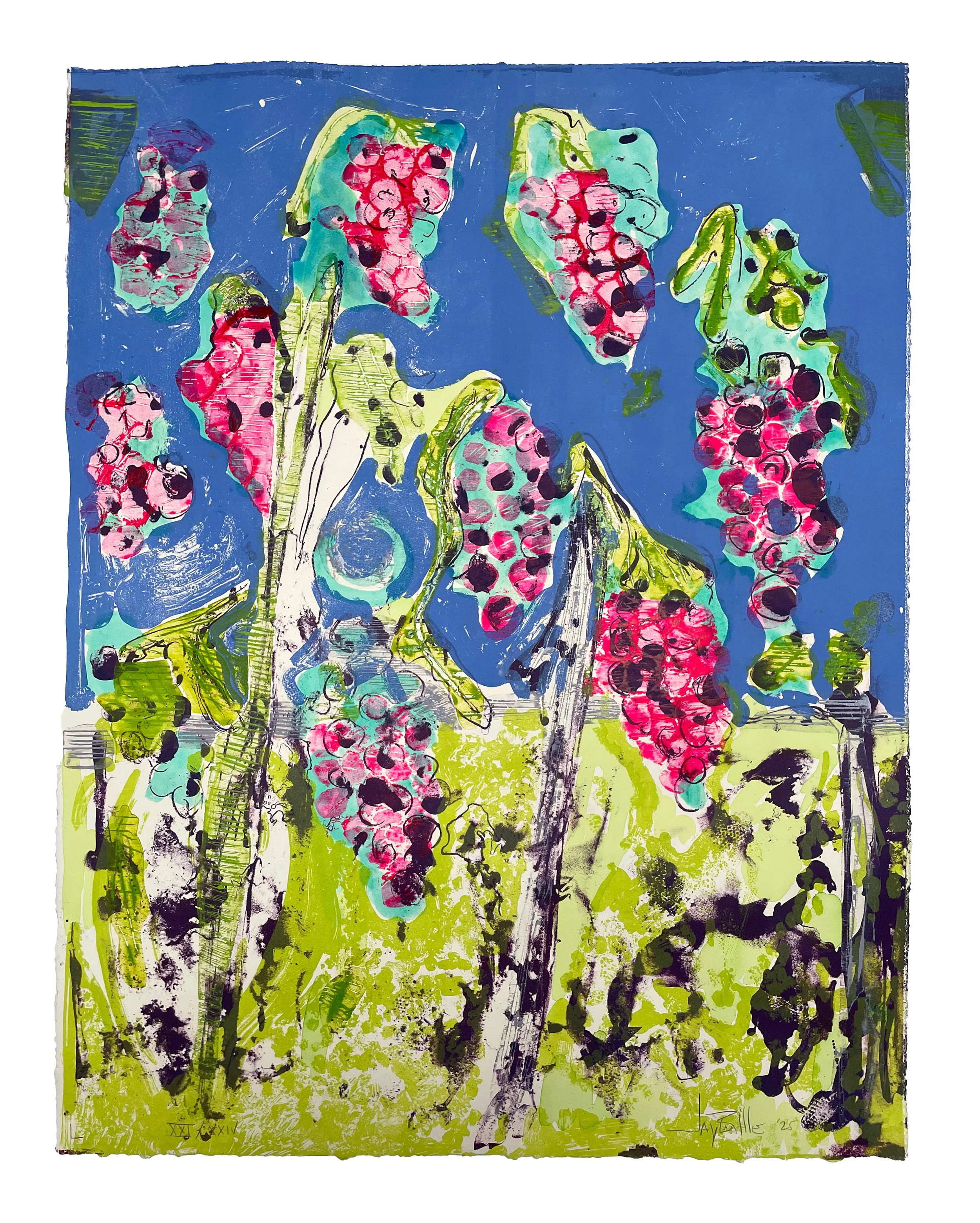 Les Vendanges, 2025. Lithography, woodcut, monoprint, and hand-coloring. Edition of 24