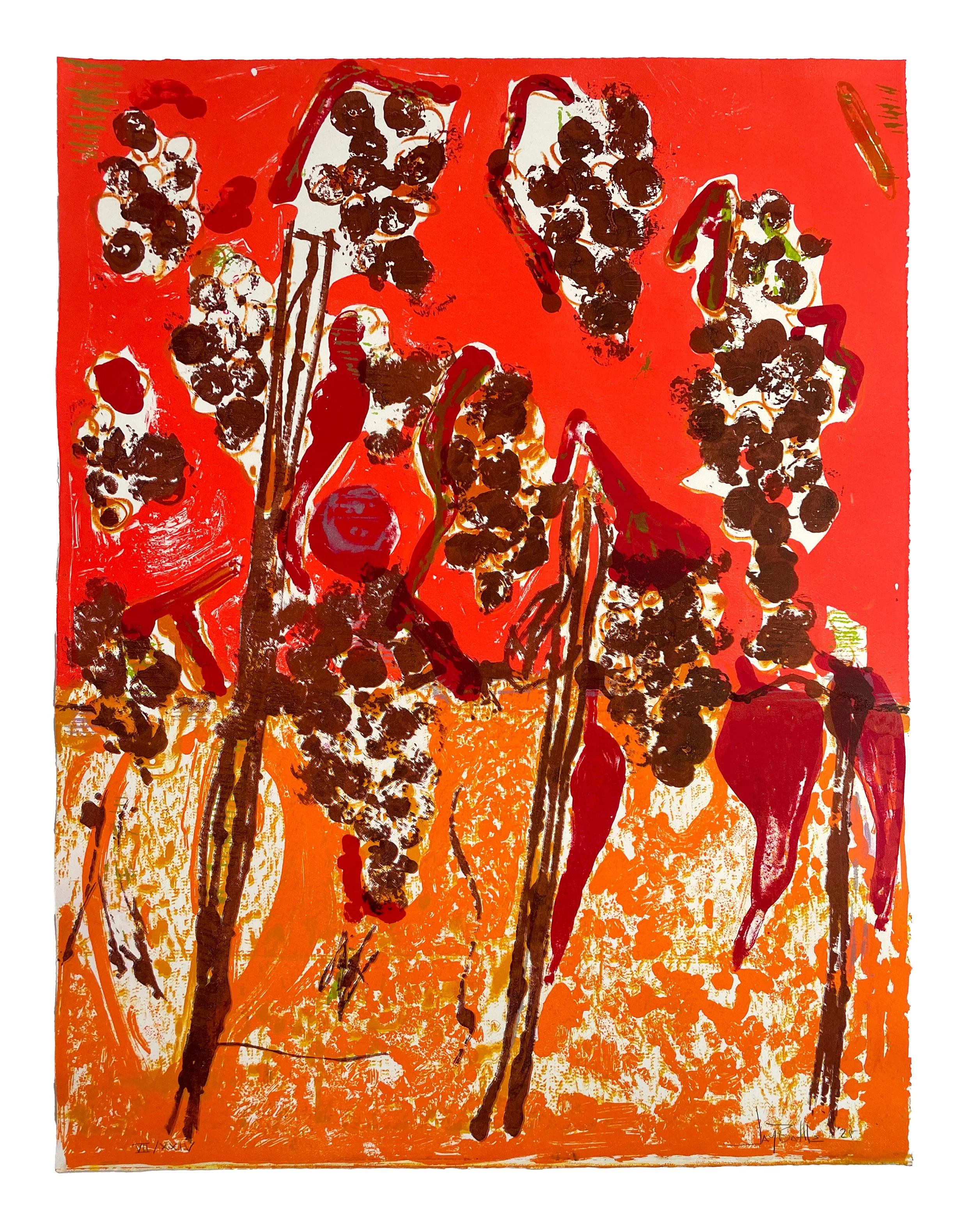 Les Vendanges, 2025. Lithography, woodcut, monoprint, and hand-coloring. Edition of 24