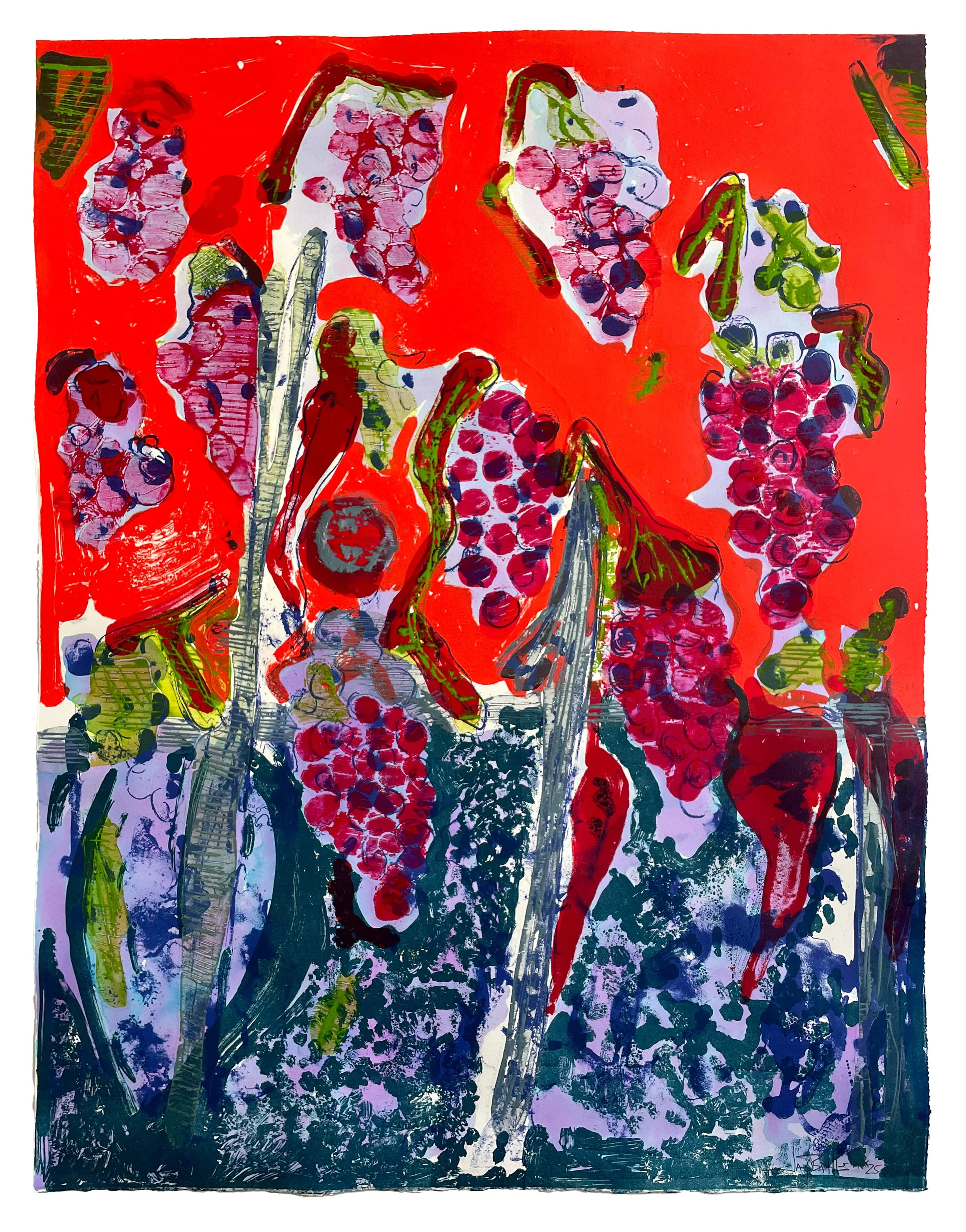 Les Vendanges, 2025. Lithography, woodcut, monoprint, and hand-coloring. Edition of 24