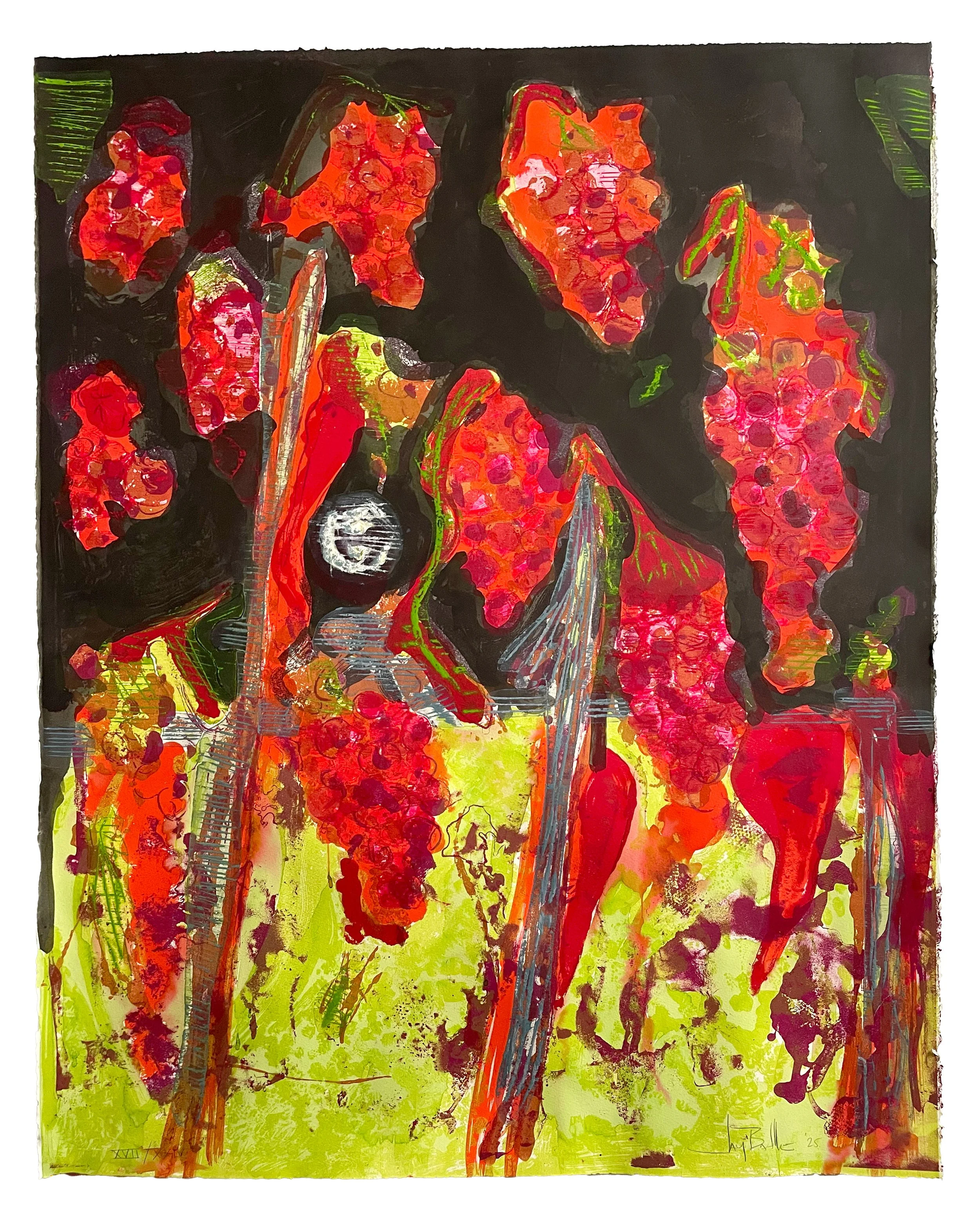 Les Vendanges, 2025. Lithography, woodcut, monoprint, and hand-coloring. Edition of 24