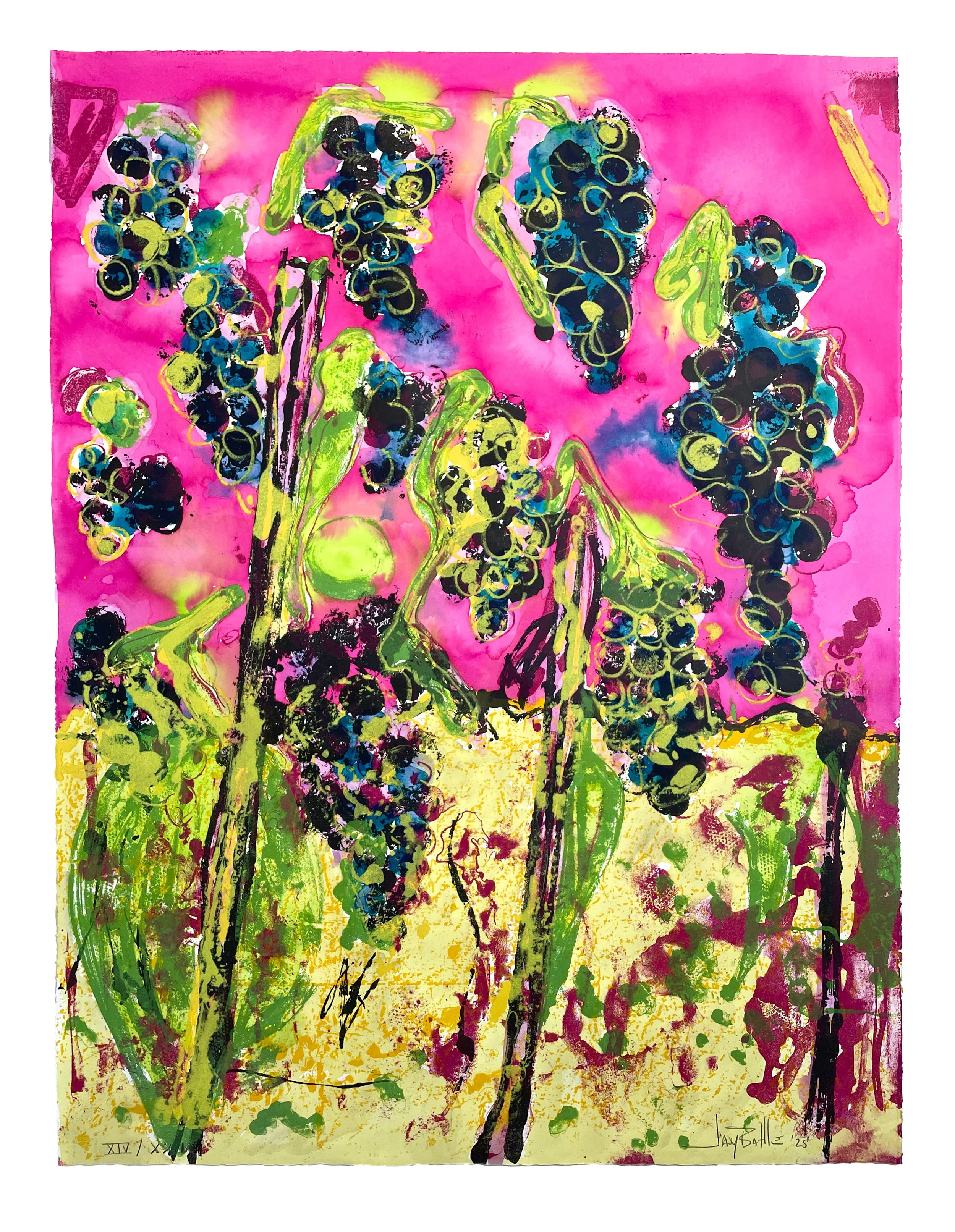 Les Vendanges XIV, 2025. Lithography, woodcut, monoprint, and hand-coloring. 39.5 x 30 in. (bleed) Variable edition of 24