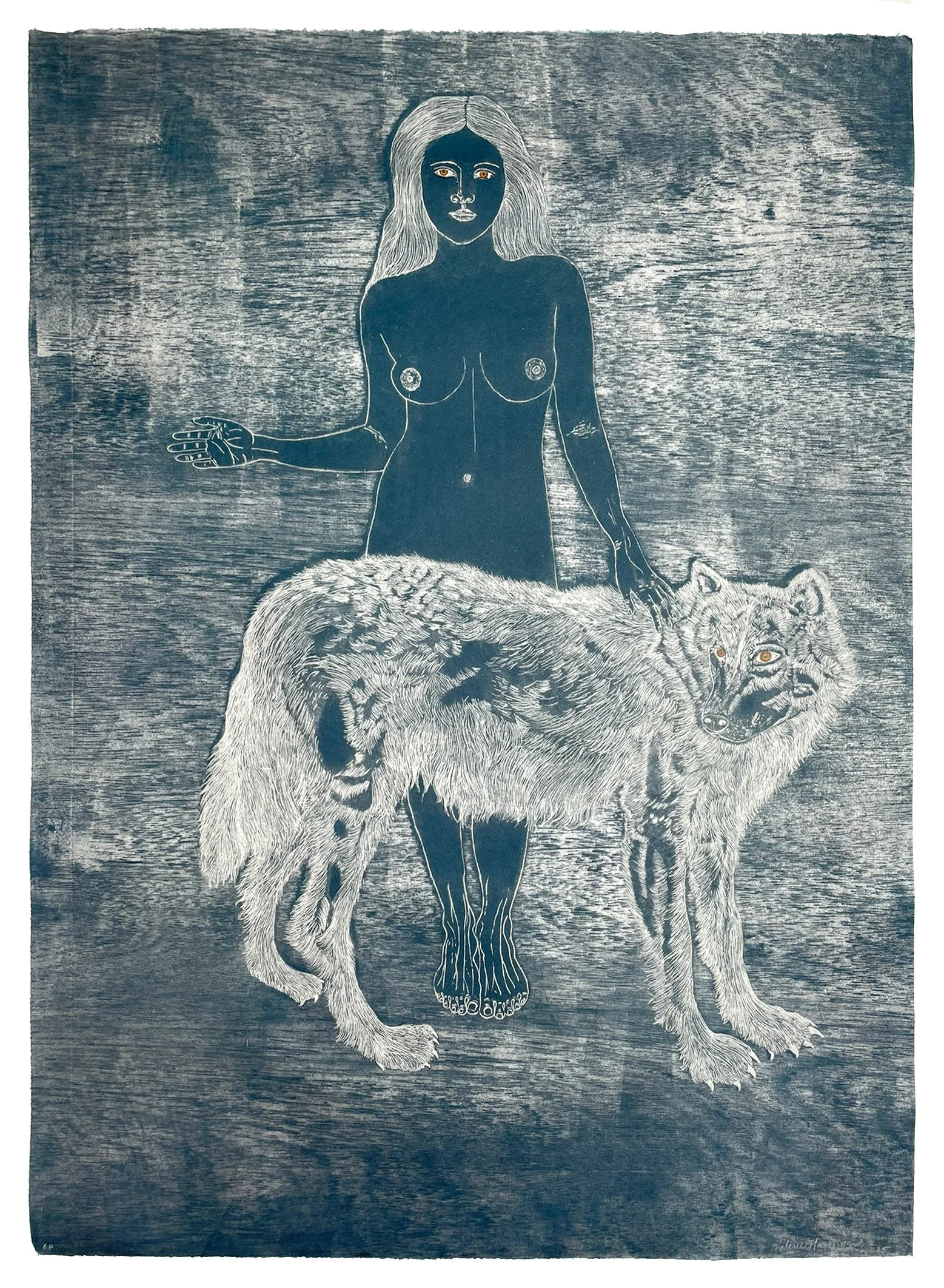 Little Red, 2025. Etching, woodblock, and hand-coloring on hand printed indigo Okawara gampi. 38 x 28 in. (bleed) Variable edition of 10