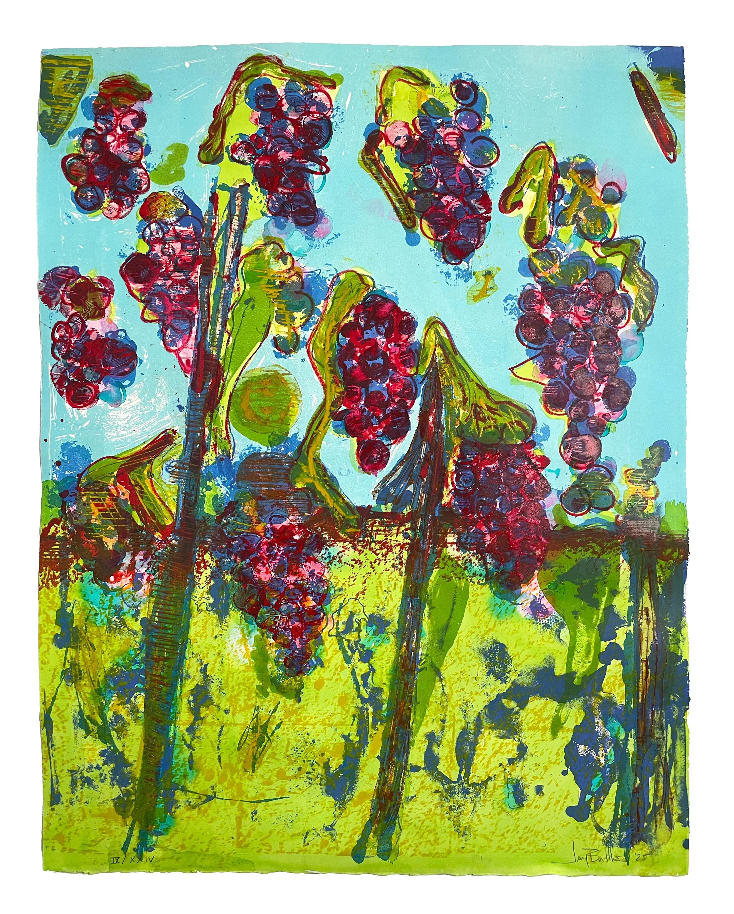Les Vendanges, 2025. Lithography, woodcut, monoprint, and hand-coloring. Edition of 24