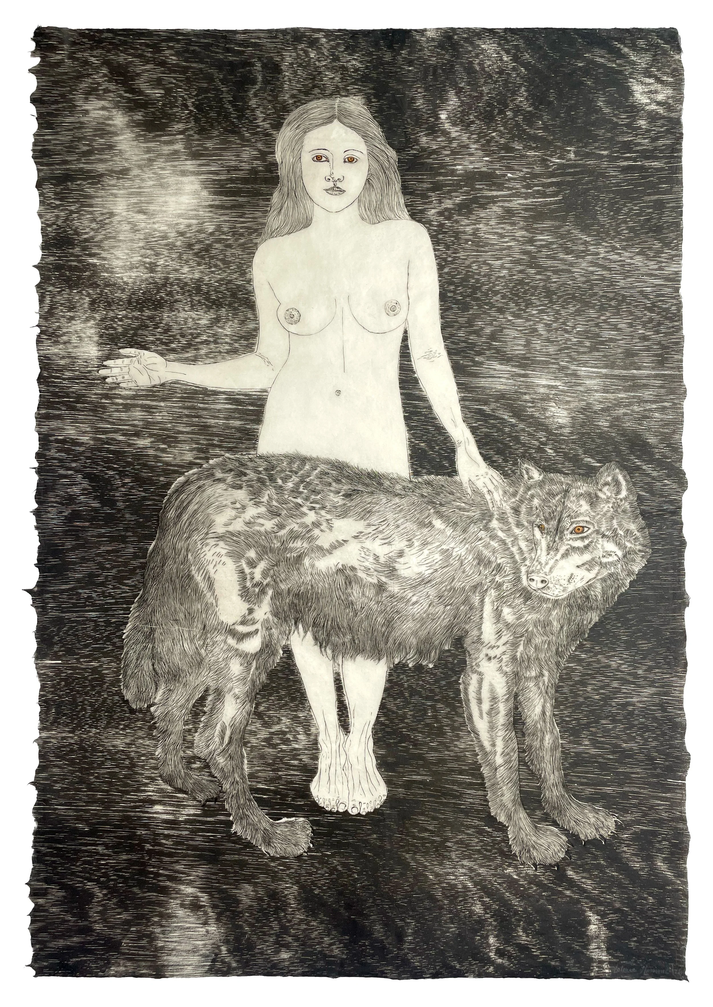 Little Red, 2025. Etching, woodblock, and hand-coloring on handmade Awagama gampi. 35 x 25.5 in. (bleed) 
