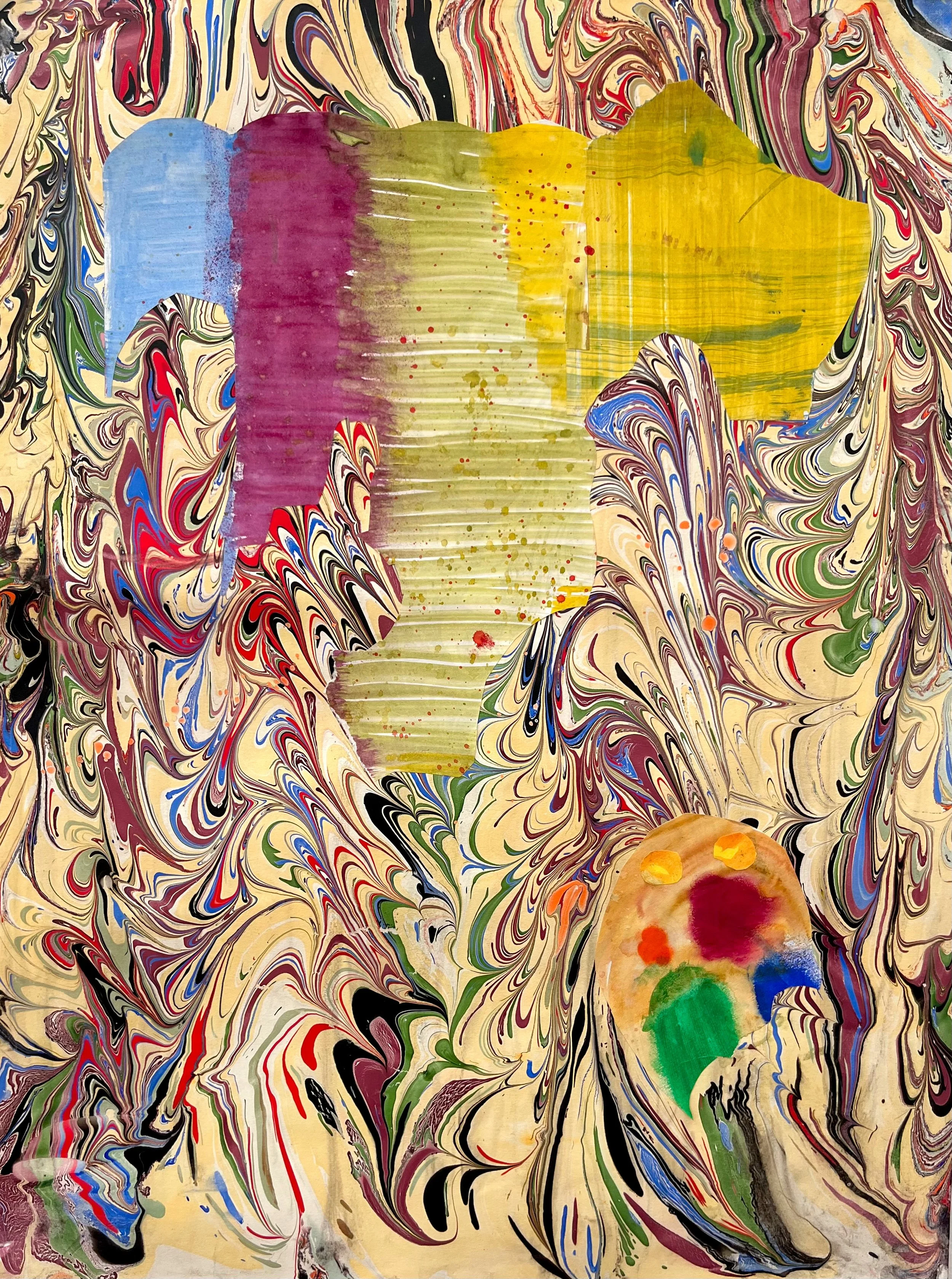 Faithful Compass #88, 2023. Watercolor and metal leaf on artist-made marbled paper. 24 x 18 in.
