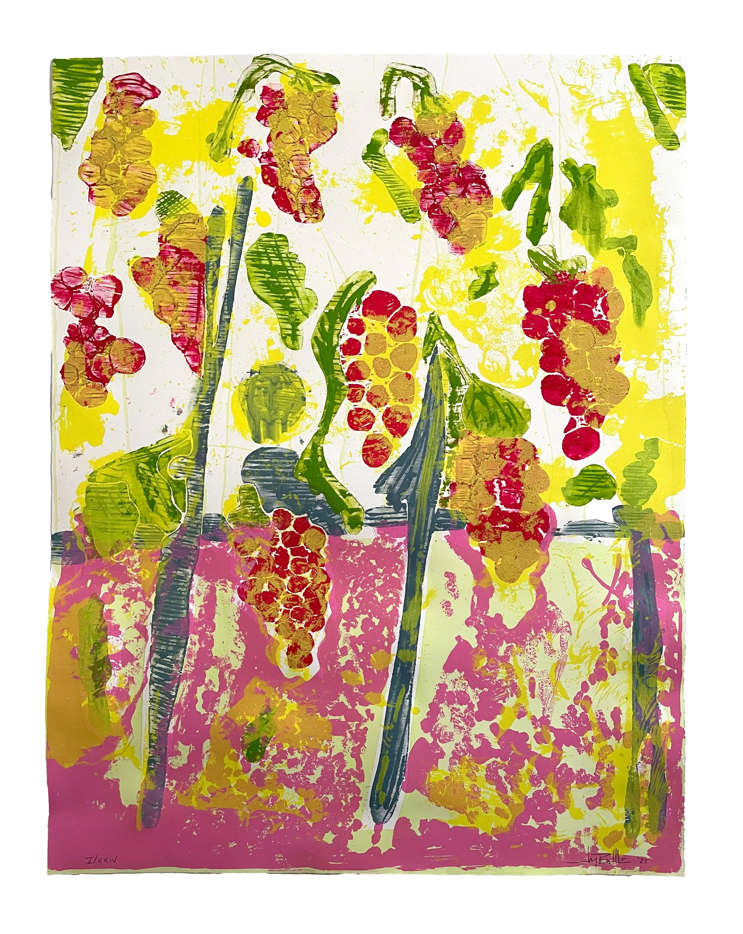 Les Vendanges, 2025. Lithography, woodcut, monoprint, and hand-coloring. Edition of 24