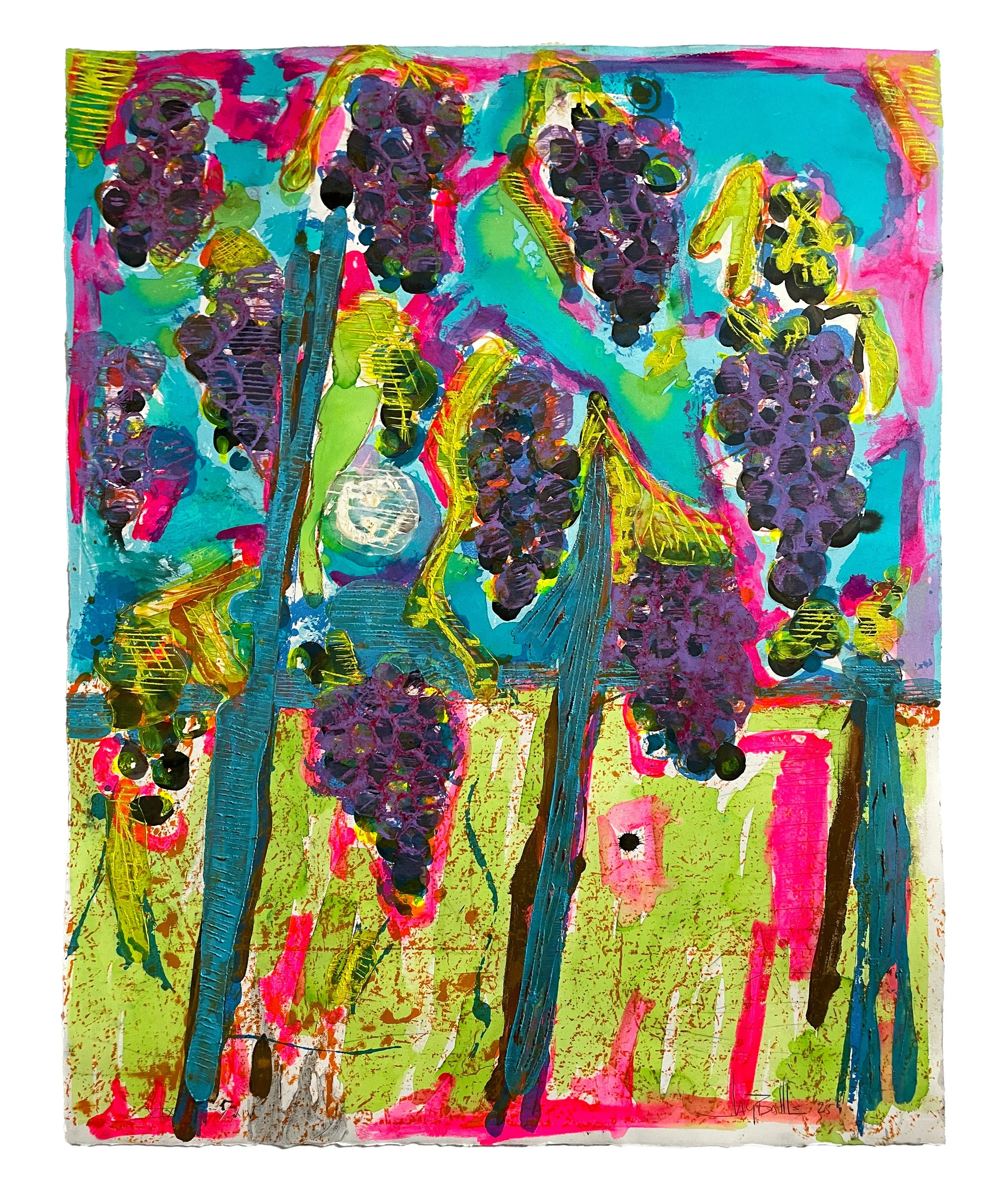 Les Vendanges, 2025. Lithography, woodcut, monoprint, and hand-coloring. Edition of 24
