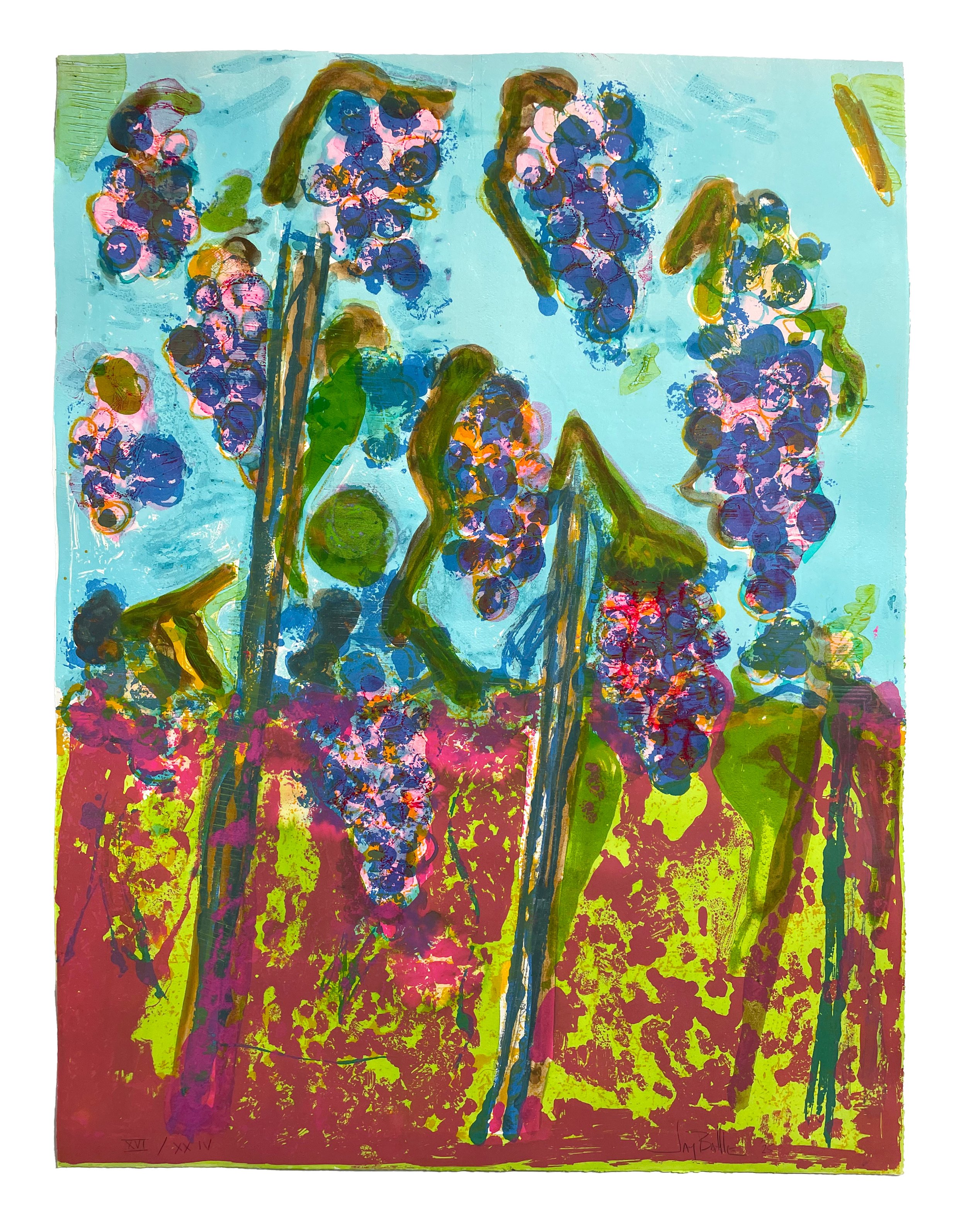 Les Vendanges, 2025. Lithography, woodcut, monoprint, and hand-coloring. Edition of 24