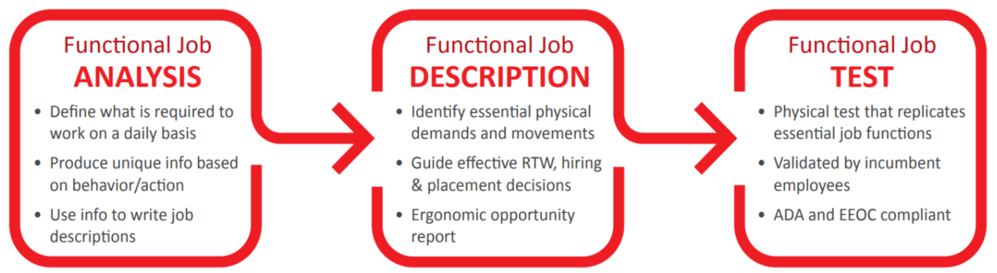 Flowchart showing the process of Functional Job Analysis, Description, and Test. Steps are: Analyze - define job requirements, produce behavior/action info, write job descriptions; Description - identify physical demands, guide RTW/hiring, ergonomic report; Test - replicate job functions, validate by employees, ADA/EEOC compliant.